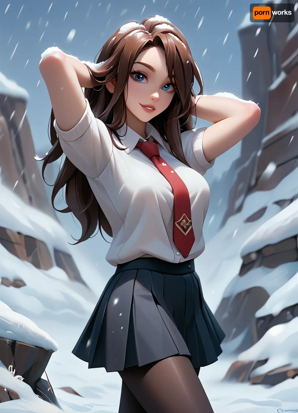 outdoors, snow_mountain, snowing, woman, school uniform, pleated skirt, necktie, crossed legs, (pantyhose), looking at viewer, from side, parted lips, arms behind head, evocative pose, sexy smile, skindentation, (looking at viewer:1.2), (detailed eyes), shiny skin, hiqcgbody, big eyes, masterpiece, ultra high res, best quality, beautiful lighting, detailed, intricate, takagi, saya, (<lora:Samaritan 3d Cartoon SDXL:.8>)