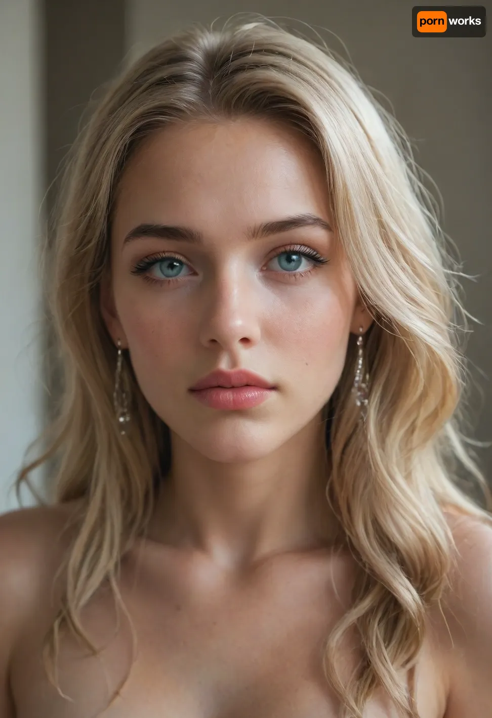 Nude woman, blonde, long hair, perfect face shape, perfect face, stunning eyes and lips, 18 years old