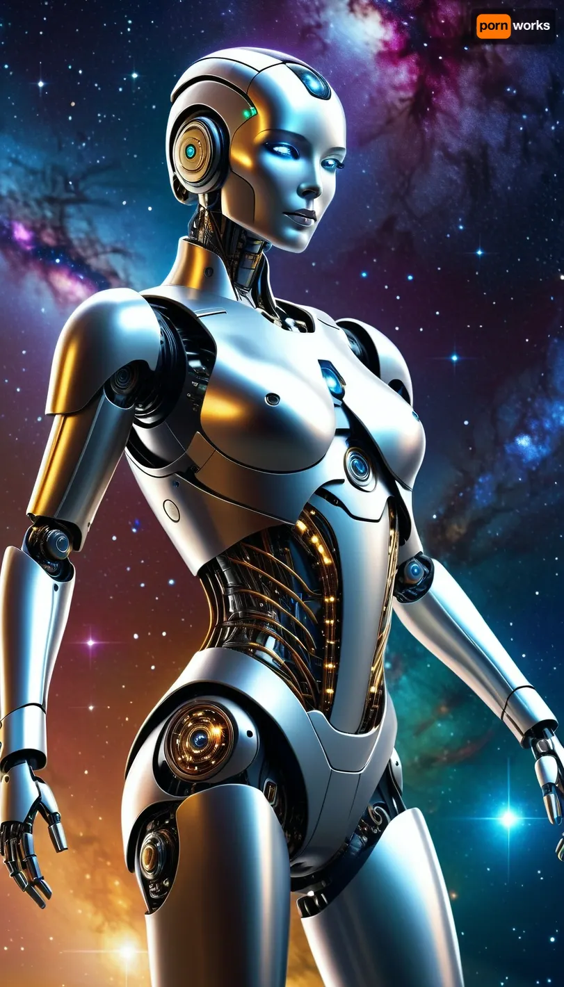 A robotic cybernetic android dancing amongst the stars of the galaxy