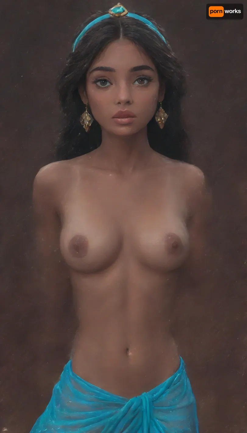 Disney Jasmine face, Princess Jasmine, Blue arabian clothing, score_9, score_8_up, score_7_up, dark brown eyes, score_6_up, small diameter nipples, (beautiful 18 years old girl Princess Jasmine), slender body, (dark brown tanned skin:2), petite, (small diameter nipples:1.1), (dark brown nipples:2), arabian disney castle in the background, long hair, (longnips:2), thick luscious lips, dark markup, (small boobs:2)