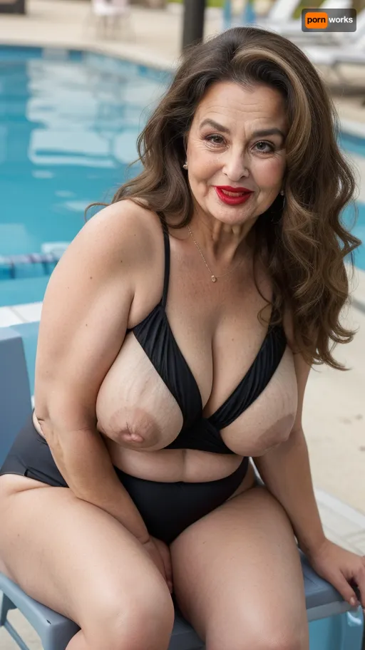 65yo mature woman, beautiful obese milf, (obese:1.5), long hair, light brunette hair with highlights, tight hairstyle, sitting across you in a chair at the hotel pool, black one-piece swimsuit, humorous surprised expression, her eyes are wide, ((with a raised eyebrow)), smirking with a charming laugh, ((her lower lip is curled up)), giving a playful ‘uh-oh’ look, The face shows a mix of amusement and joyfulness, caught in a funny mistake, wrinkles around eyes, bow shaped lips with delicate lipstick, wide mouth, wide smile, long characteristic nose, laugh lines, blurry background, sidenips, nipple slip, milf, <lora:sidenips_v24a:.5>, <lora:Milf:.8>