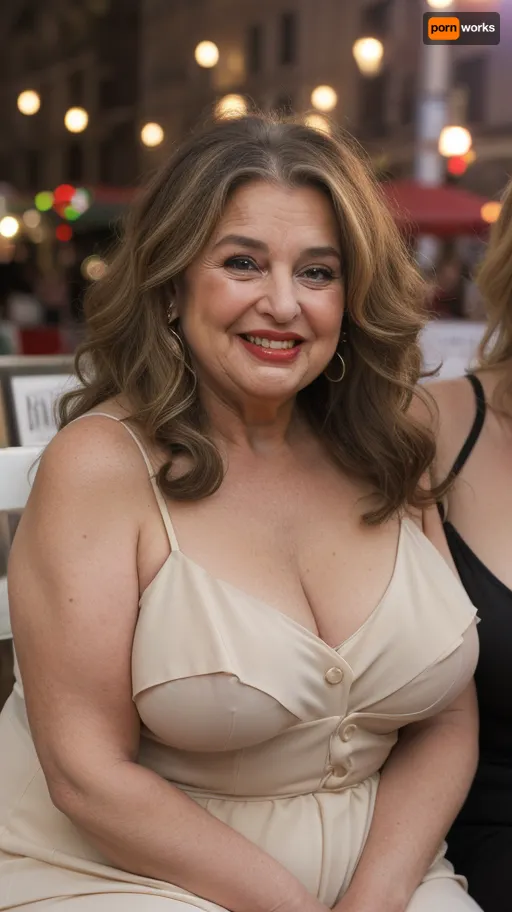 65yo mature woman, beautiful obese milf, (obese:1.5), long hair, light brunette hair with highlights, tight hairstyle, sitting across you in a chair, tight spaghetti strap black sundress, humorous surprised expression, her eyes are wide, ((with a raised eyebrow)), smirking with a charming laugh, ((her lower lip is curled up)), giving a playful ‘uh-oh’ look, The face shows a mix of amusement and joyfulness, caught in a funny mistake, wrinkles around eyes, bow shaped lips with delicate lipstick, wide mouth, wide smile, long characteristic nose, laugh lines, blurry background, dimmed lights, sidenips, nipple slip, milf, <lora:sidenips_v24a:.5>, <lora:Milf:.8>
