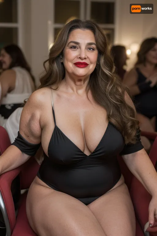 65yo mature woman, beautiful obese milf, (obese:1.5), long hair, light brunette hair with highlights, tight hairstyle, sitting across you in a chair, black one-piece swimsuit, humorous surprised expression, her eyes are wide, ((with a raised eyebrow)), smirking with a charming laugh, ((her lower lip is curled up)), giving a playful ‘uh-oh’ look, The face shows a mix of amusement and joyfulness, caught in a funny mistake, wrinkles around eyes, bow shaped lips with delicate lipstick, wide mouth, wide smile, long characteristic nose, laugh lines, blurry background, dimmed lights, sidenips, nipple slip, milf, <lora:sidenips_v24a:.5>, <lora:Milf:.9>