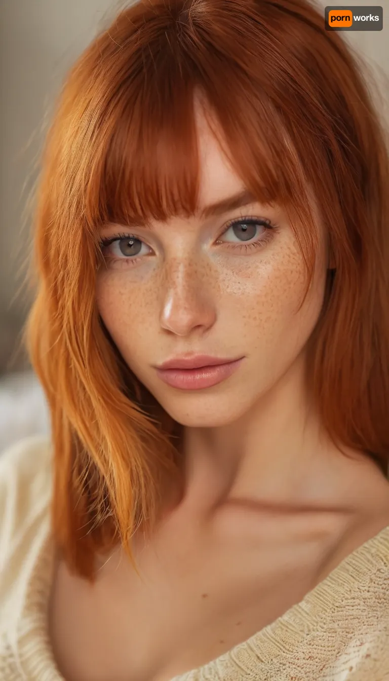 ziprealism, (romantic intimacy esthetic), (adorable woman, charming girlfriend, soft smile, warm loving gaze, cozy modern bedroom, comfy sweao, off the shoulder:1.2), (f/2.8, shallow depth of field, creamy bokeh, extreme face closeup shot, tight head shot, focus on eyes:1.4), (vibrant ginger hair, blunt bangs hair, voluminous hair, inverted bob hair cut, A-line bob hair cut:1.8), (catchlights, sharp contrasting limbal rings, large expressive eyes, stunning eyes, perfect eyes, slightly downturned eyes, long delicate eyelashes), (soft facial features, subtle freckles), igbaddie, <lora:igbaddie-XL:.4>, <lora:MJ52:.8>