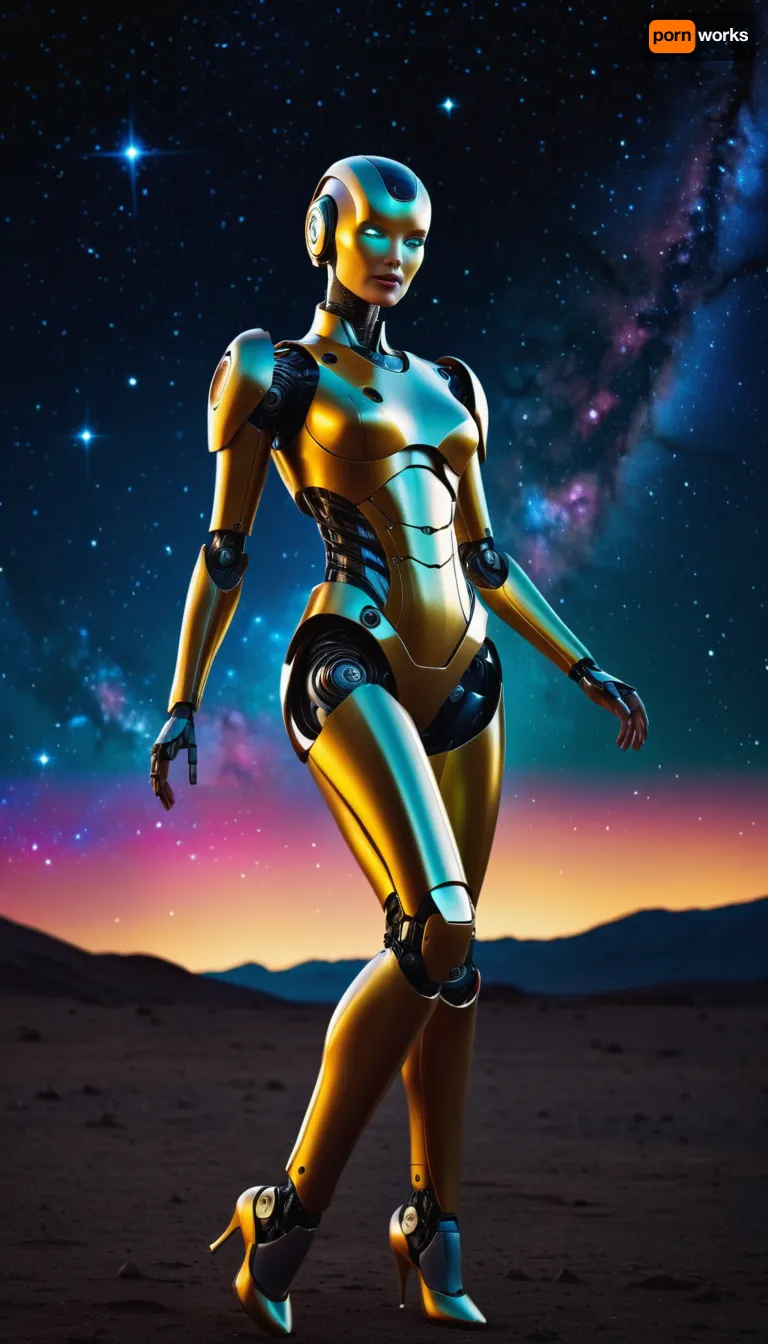 A robotic android woman dancing amongst the stars of the galaxy