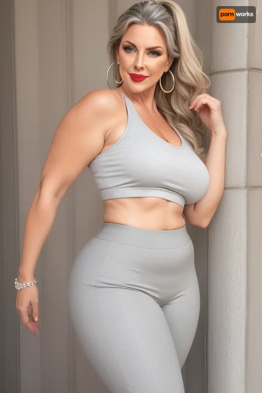 sexy granny mature, sexy 65 years old, dark blonde hair with highlights, ponytail long wave hair, very fat chubby, thick body, tight highwaist gray pants, white loose low-cut v-neck tank top, sexy face, looking back at the viewer, big eyes, chubby face, make up, hoop earrings, lipstick, curvy body, walking, back view, shwoing her back, full body view, huge culottes, big culotes, huge celullite butt, sexy back, (big wide hips)