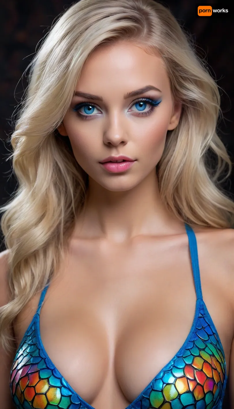 A beautiful slender woman with a bodypainting of colorful dragon scales, deeply tanned skin, long blonde hair tucked behind ear, head tilted down and looking up at you, She is in a professional photo studio, 3 d style, (large beautiful crystal bright blue eyes), pretty coquettish face, detailed eyes, detailed pupils, heartshaped lips, natural lip color, clear lip gloss, (full view of head and cleavage), view from half back side