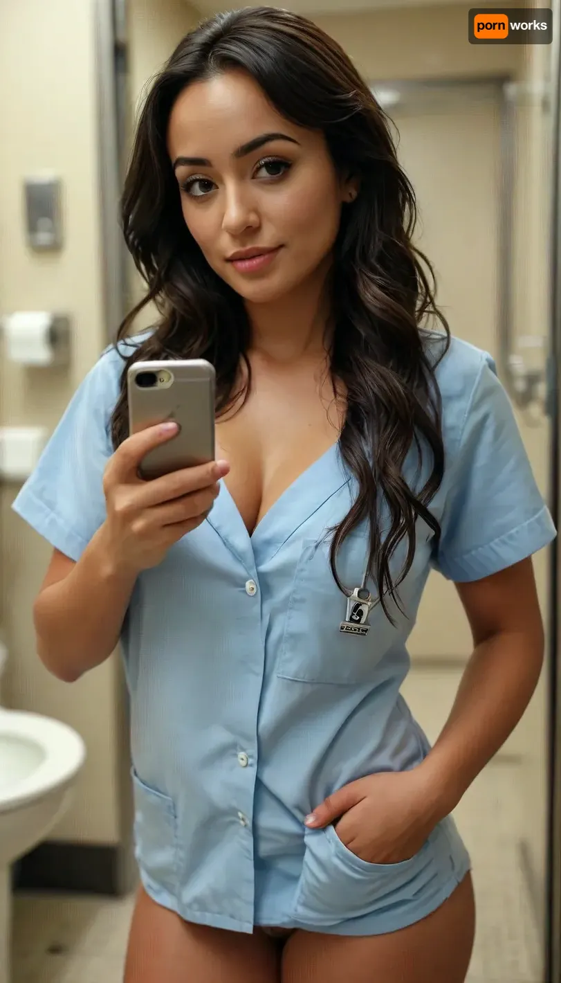(Natalie Martinez:1.1), Photorealistic, Sexy 25 year old woman, nurse wearing scrubs shirt, public bathroom selfie, pants pulled down, wearing sting thong, cleavage, long lush hair, taking selfie with phone, sexy body, curves, <lora:MJ52:.8>