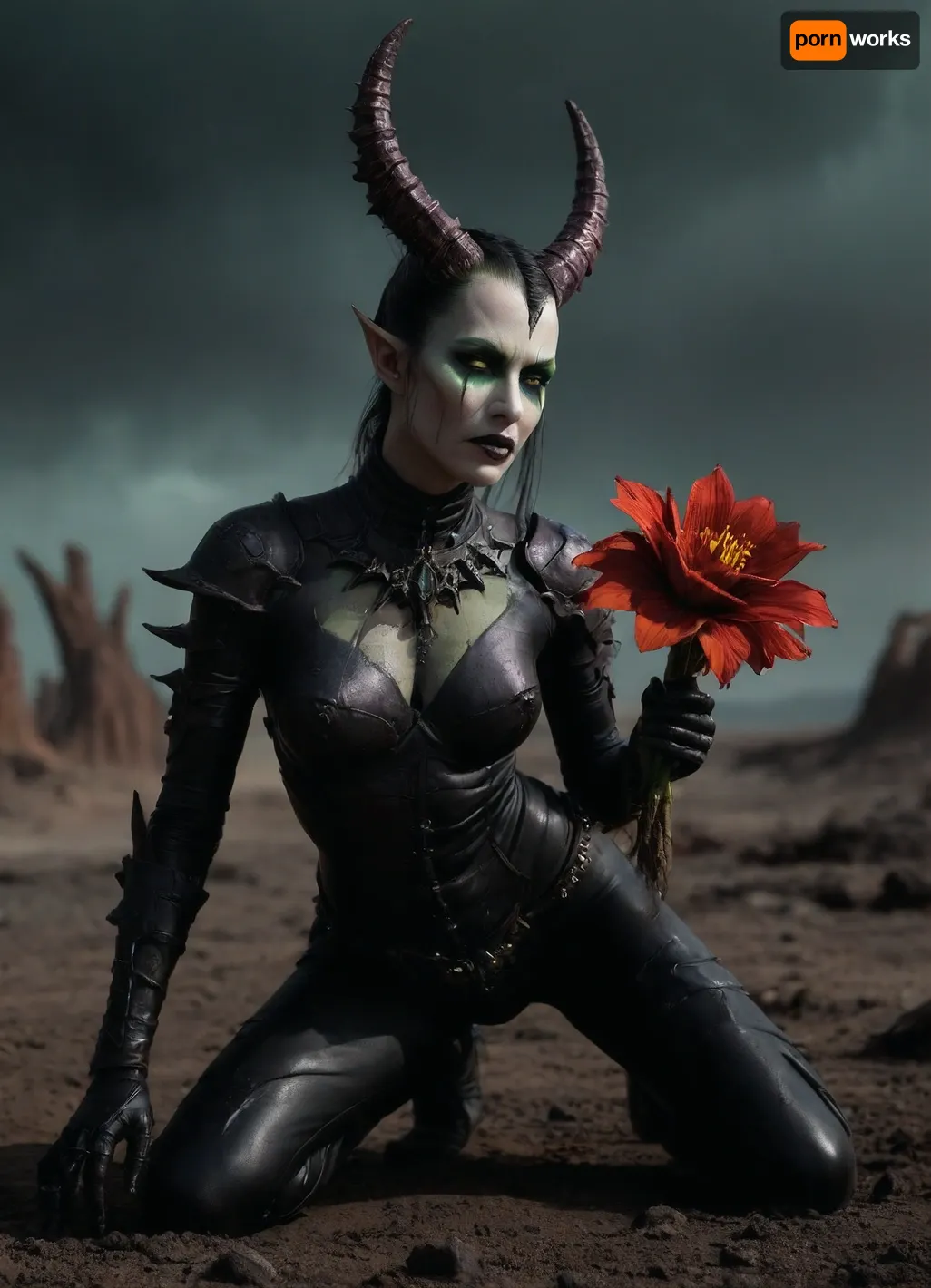 Masterpiece, Dark Eldar Succubus in sadistic BDSM armor, razor-sharp obsidian pauldrons, corset with spinal electrodes, segmented thigh-high boots, barbed collar piercing her neck, (she is crawling in desolate wasteland:1.4), (delicately holding a dying luminescent flower), (Glow-in-the-dark petals crumbling to ash), warp corruption, green warp-fire consuming rusted tanks, olumetric gloom from a cracked Warp rift above, highlighting her tear-streaked face, Ian Miller's inkwork style, 8K resolution, detailed face, lineart, aeldari, asuryani, drukhari, standart, banshee, witch, <lora:Aeldari:.8>
