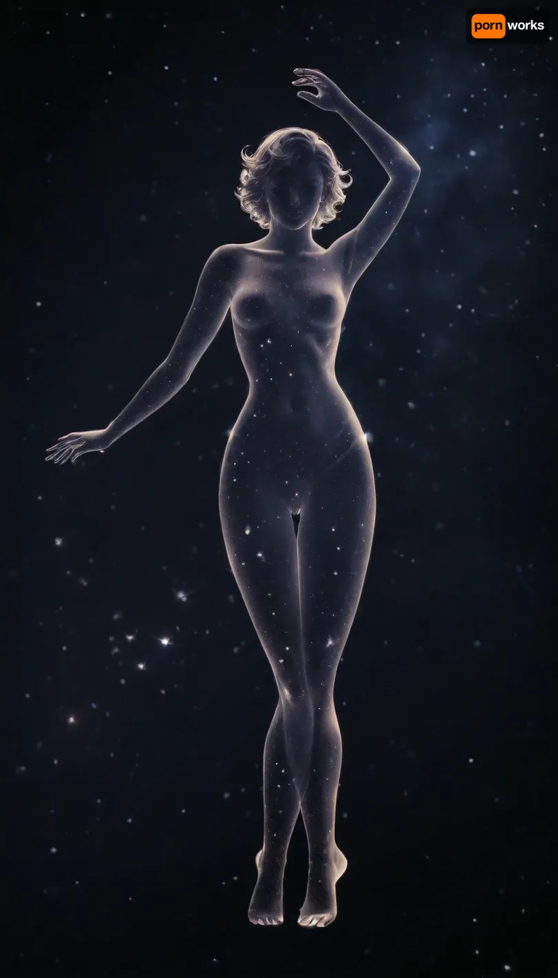 night sky. A strip of the horizon is visible, The transparent silhouette of a dancing sexy Goddess of Love is made up of stars. She is a constellation in the sky. The constellation shines much brighter than all the others.

A mysterious naked transluent silhouette of a sexy woman made of starlight, ((a transparent silhouette of a sexy woman made out of constellation style and signs with stars)), hold in hand moon, <lora:c0nst3llation:1.2>
