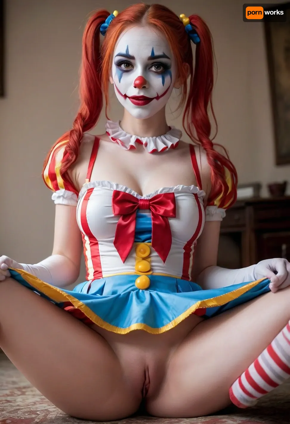 young beautiful girl 18 years old clown girl with big breasts, wearing a pulled-up dress without any underwear, laying on her back with spread legs, no panties, long striped socks, clown makeup, skinny, white face paint, detailed vagina, looking at the viewer, back long high twin multi-colored ponytails, excited, aroused, tack sharp, 4k, dslr