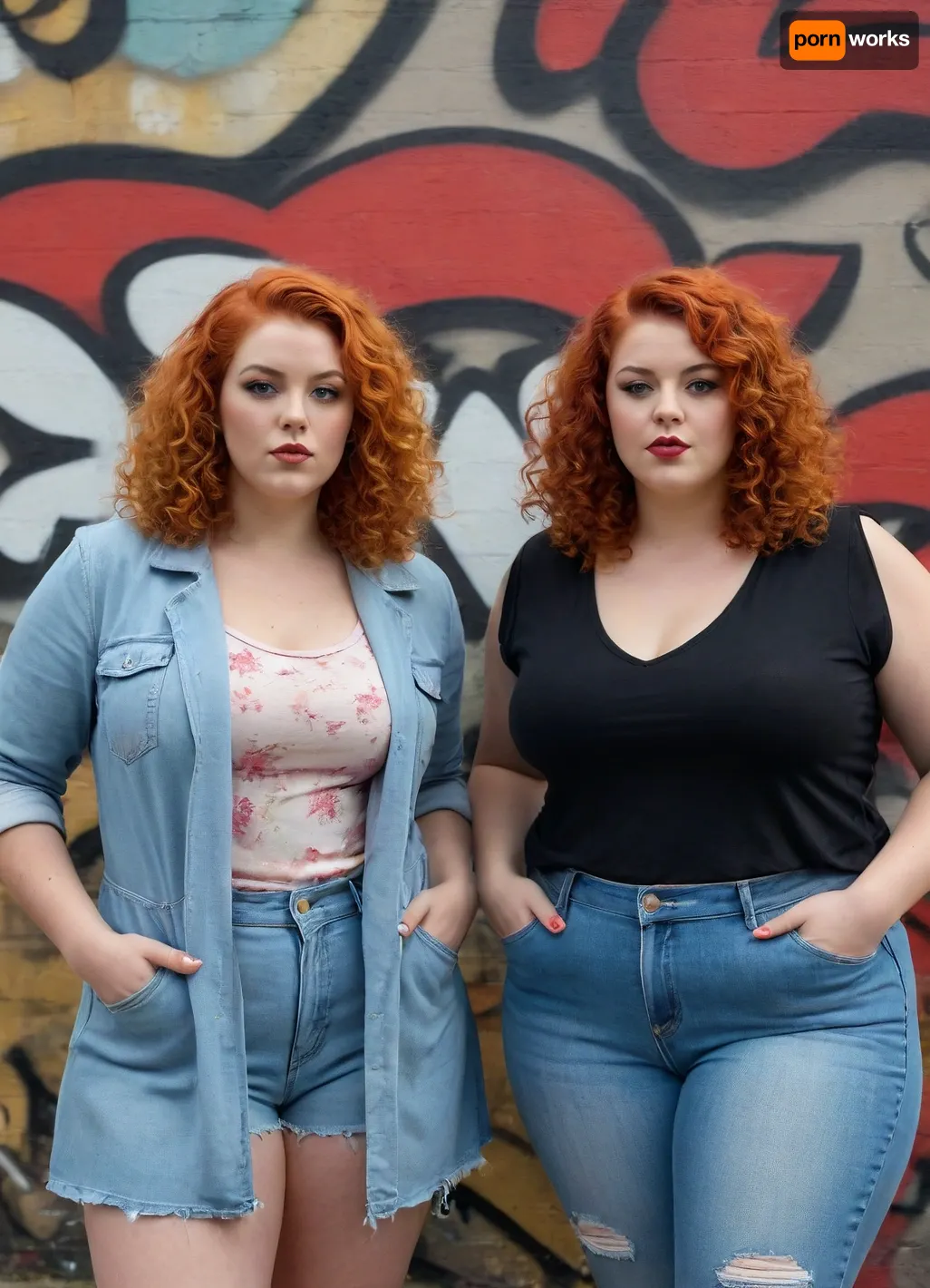Two plus-size women in their mid-20s, dressed in modern, funky everyday clothes, are standing in front of a graffiti wall. One has long red curly hair and the other has a trendy blonde bob. Both have a cool look about them.