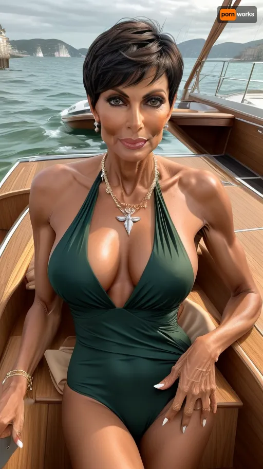 woman entire body head to toe, (riva wooden motor boat), (erotic high end seaside luxury), big eyes, high cheek bones, green nail polish, abundant glamourous jewelry, european, ((very dark tanned)), 60 years old, nude, (very lean and muscular), ((very tall)), ((super pixie haircut)), Midjourney, MJ, style