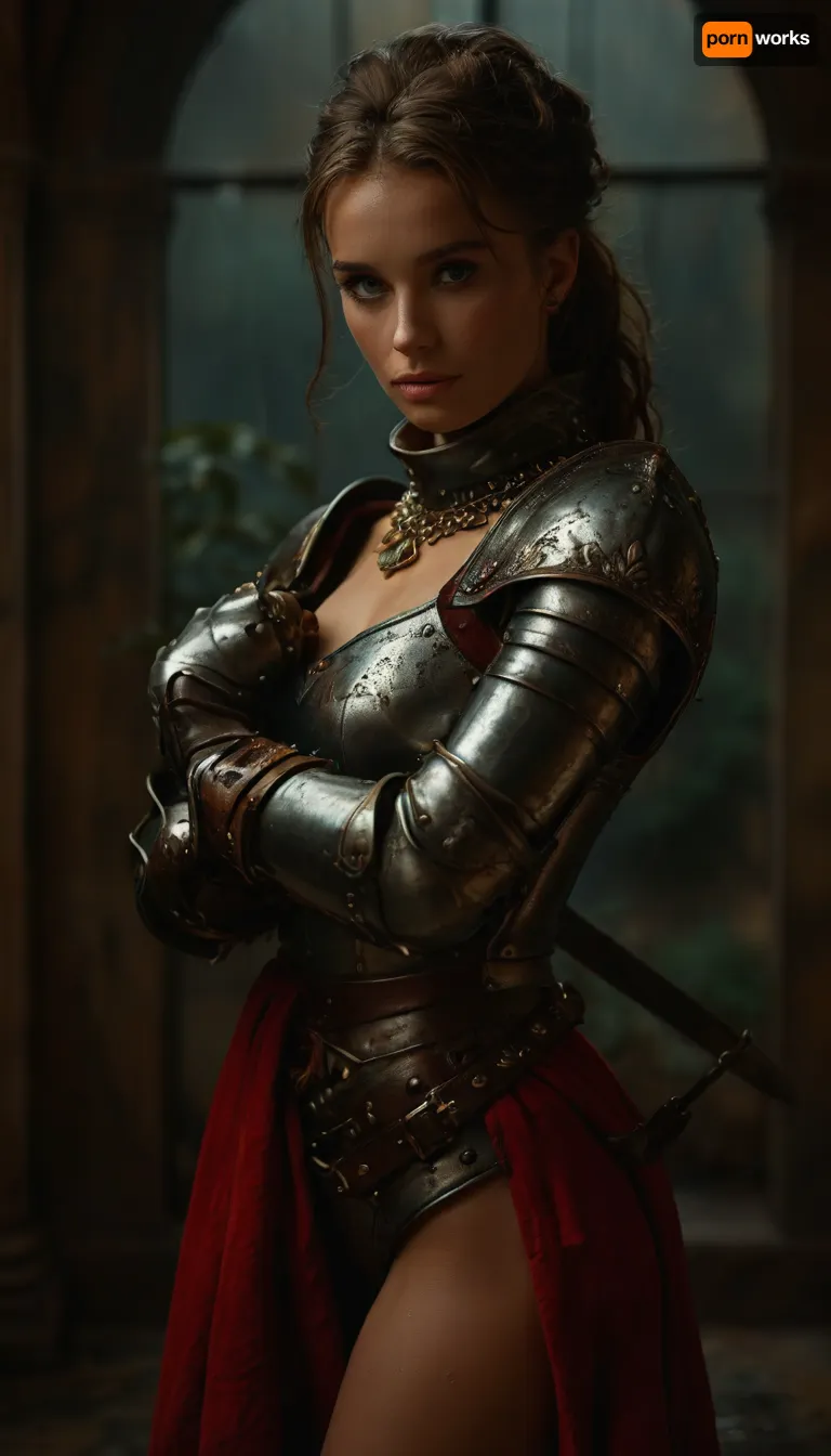 Full body view, (Movie poster for a 1960s horor movie version of breakfast at Tiffany's:1.4), beautiful sexy Girl, best quality, ultra-detailed, masterpiece, finely detail, higher, 8k wallpaper, sexy heavily armored european knight with massive tits and a slim waist plus thick thighs, elegant posture, dynamic pose, dynamic angle, dark fantasy, Rembrandt lighting, highly detailed castle overgrown with vegetation in the background, a confident plus dominant aura and demeanor, athletic body with tight abs and toned muscles, heavy weighty metal armor that's worn from battle, belts and straps, metal armor plating, metal breastplate, large metal gauntlets, large metal pauldrons, medieval knight with heavy armor, bulky thick armor, armor boots, dimly light, soft gentle lighting, chain accessories, extremely detailed face with a strong jawline plus defined cheek bones plus freckles and beauty marks, stunningly beautiful face with a intoxicatingly seductive and aroused expression, radiating powerful sexual energy, overcast and rainy, 25yo woman, cute tight ass, thick heavy metal tassets, big bow in ponytail, chainmail skirt, plain ocher velvet underdress, <lora:498614_training_data:.5>, <lora:tbh71-sdxl:.5>, <lora:MJ52:.8>
