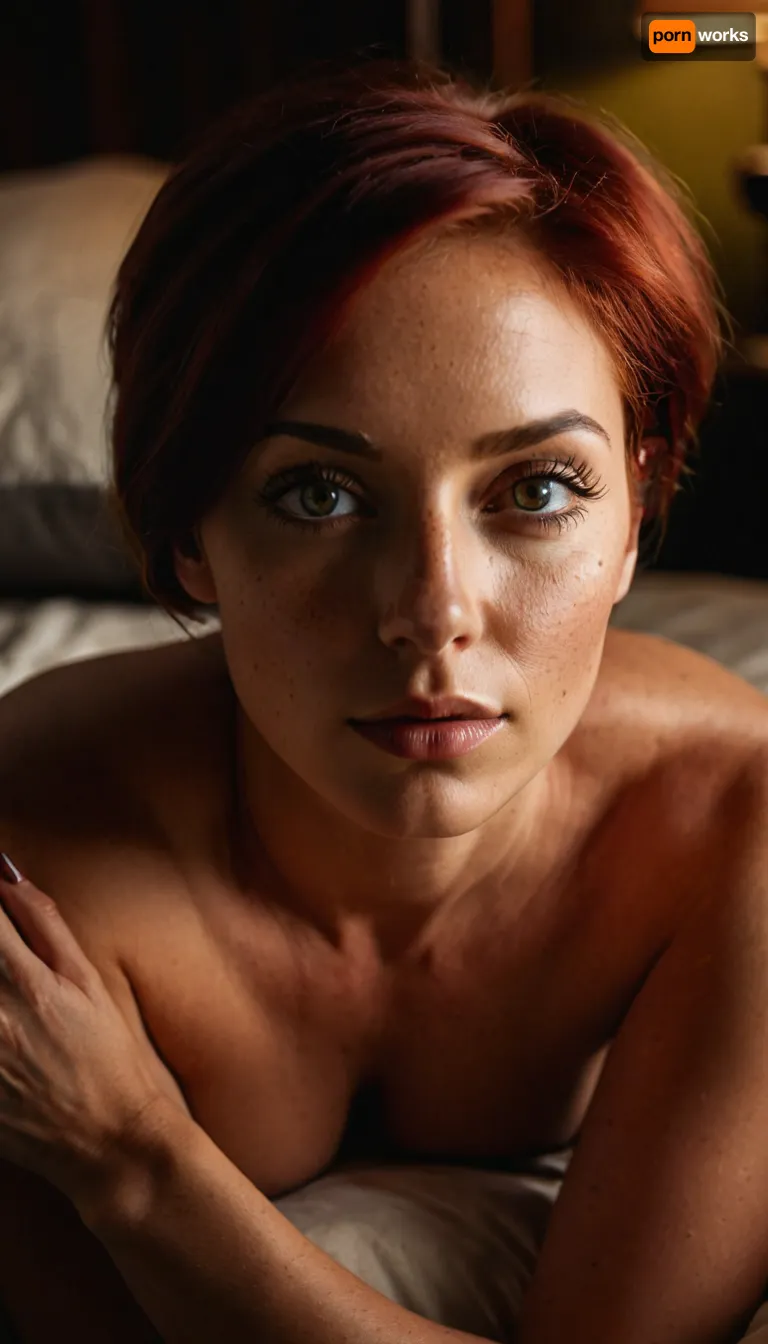 Photorealistic, ultra realistic, (detailed eyes, perfect eyes, realistic eyes), (realistic hands, detailed hands, perfect hands), detailed face, depth of field, highly detailed, high contrast, high definition, dramatic lighting, dramatic shadows, BREAK
Short red hair, olive skin, 1girl, adult, woman, narrow torso, short, natural breasts, saggy natural breasts, wide hips, real skin, light face freckles, round ass, BREAK, (happy:.6), on knees in bed, (dark, warm, dimly lit, cozy atmosphere), (view from side angle)