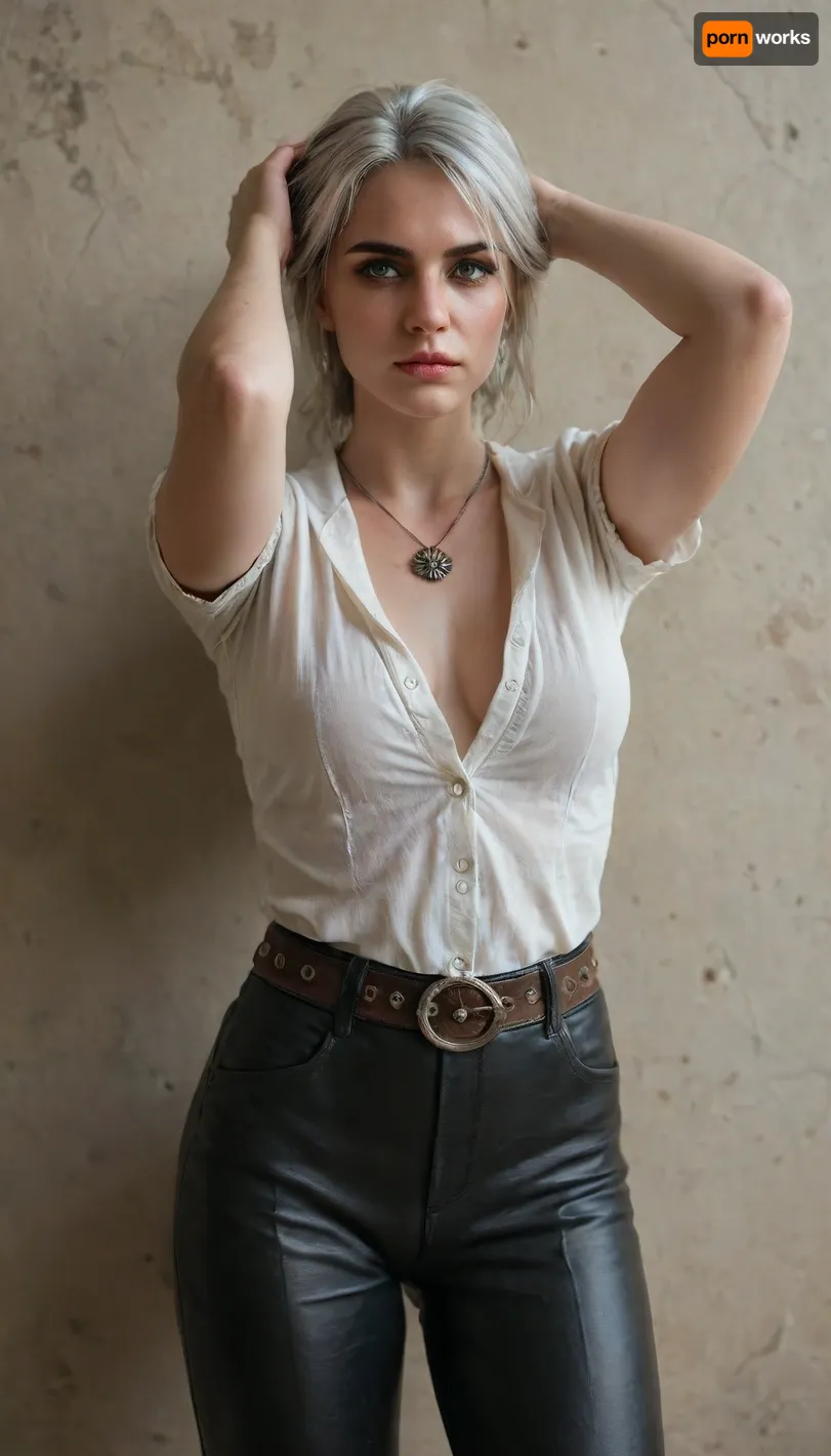 (Character), Ciri from The Witcher, a fitted white tunic with intricate silver embroidery, dark leather pants, a short gray cloak with a hood, and a silver medallion necklace with a wolf emblem. Include a leather belt with pouches and a sword sheath, (Physique), detail face, She has her black hair tied back, large bust, curvy physique, (Background), simple plain wall, (Expression), standing straight in a sexy way, hands over her head, (view), front-straight view, (Image quality), 8k resolution, high definition, ultra high clarity.