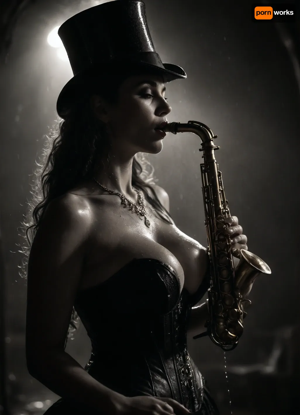 Dramatic black and white shot, water dripping on nude breasts of busty saxophone player, she wearing old-fashioned hat and corset with excessive neckline, focus on detailed steampunk saxophone, captured mid-performance, arced back, she stands under a sharp spotlight, creating deep shadows and strong highlights, noir steampunk aesthetic, (heavy rain droplets bright traces in backlit:1.5), steampunk street on background, Victorian London abandoned alley, steam rising from sewers grates, copper pipes snake along building walls, giant cogwork assemblies, massive hydraulic pistons pulse rhythmically, hvrn, heavy, rain, <lora:607315_training_data:1.4>