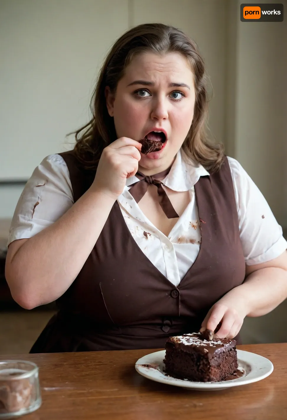 An 25-year-old fat woman in a school uniform. The clothes fit her body very tightly. Her blouse is open. Her rolls of fat are clearly visible. She is eating a piece of chocolate cake. Her face is smeared with chocolate. Her hand is smeared with chocolate. Her blouse is smeared with chocolate. Her cleavage is smeared with chocolate.