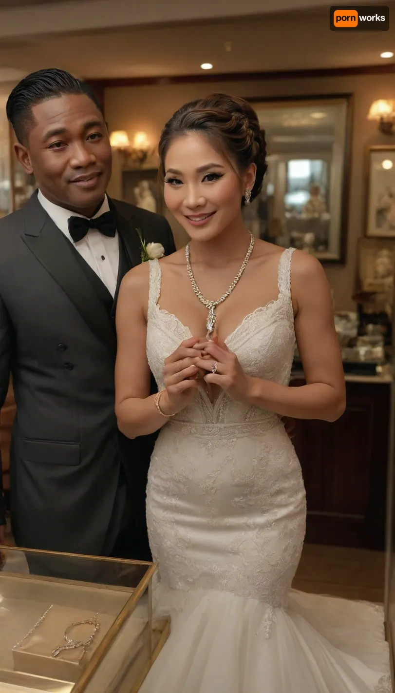 Boy give wedding ring, box on the glass display case, fond pose, smile, propose, wedding full makeup, gorgeous luxury Accessories shop, plunging, luxury sheath tight dress, ultra-detailed, ((Ultimate realistic photo)), ((detailed face)), (Romantic Braid Updo), (60 years old Korean MILF woman and huge muscular African boy), necklace, perfect hands professional wedding photoshoot style --v 6 --style raw