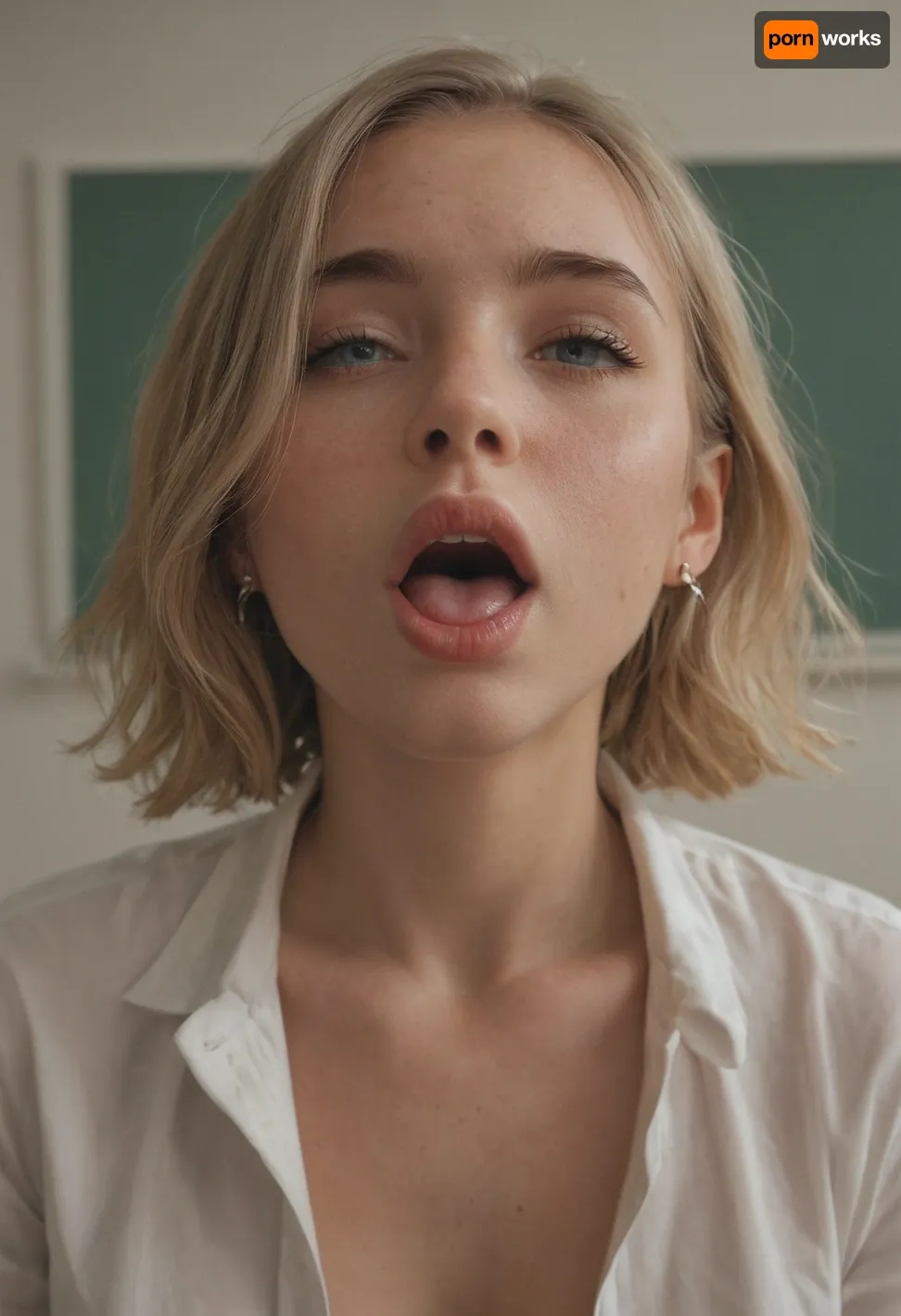 19 year old, nice firm tits, very horny face, in a classroom, mouth open a drooling