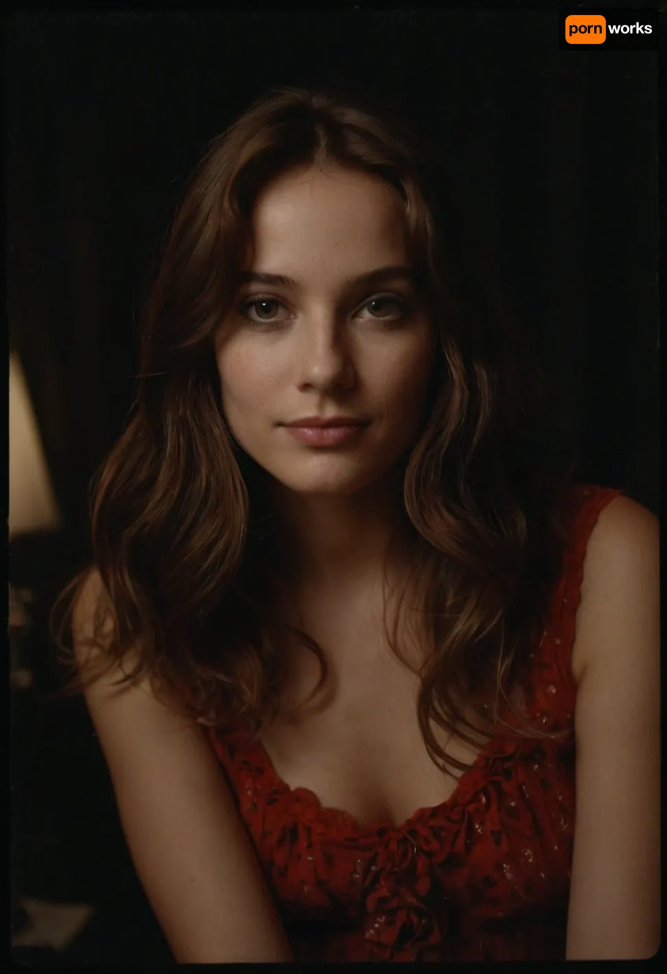 30 year old fashion model in 1970, 1970 fashion, 1970 decor, 1970 hair style, amateur Polaroid instant photo, night time dark room, lights off, bad lighting, flash photography, intimate pose, shy smile, long hair covering breasts