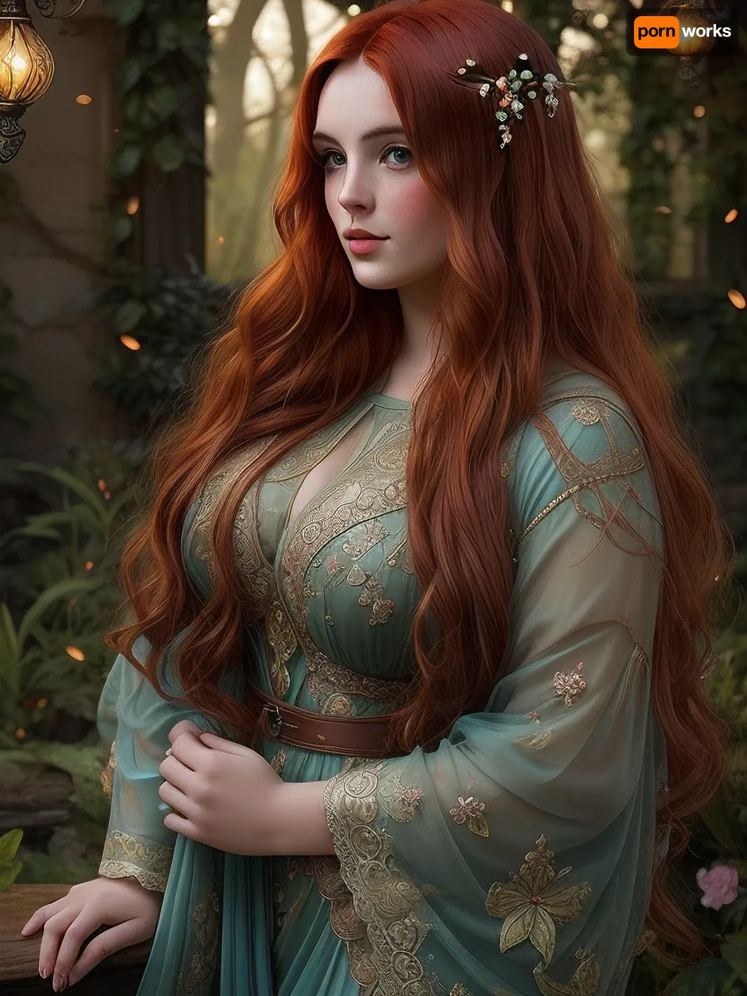 A super plus-size woman with long, flowing auburn hair, stands gracefully in a misty, moonlit garden filled with glowing fireflies. She wears a flowing gown made of shimmering silk, with intricate embroidery depicting scenes from mythology. The scene is bathed in soft, silvery light, creating a dreamy, ethereal atmosphere. This image is reminiscent of a pre-raphaelite painting, with a touch of art nouveau elegance, evoking the style of Waterhouse and Rossetti, with a focus on intricate details, vibrant colors, and a sense of romanticism.