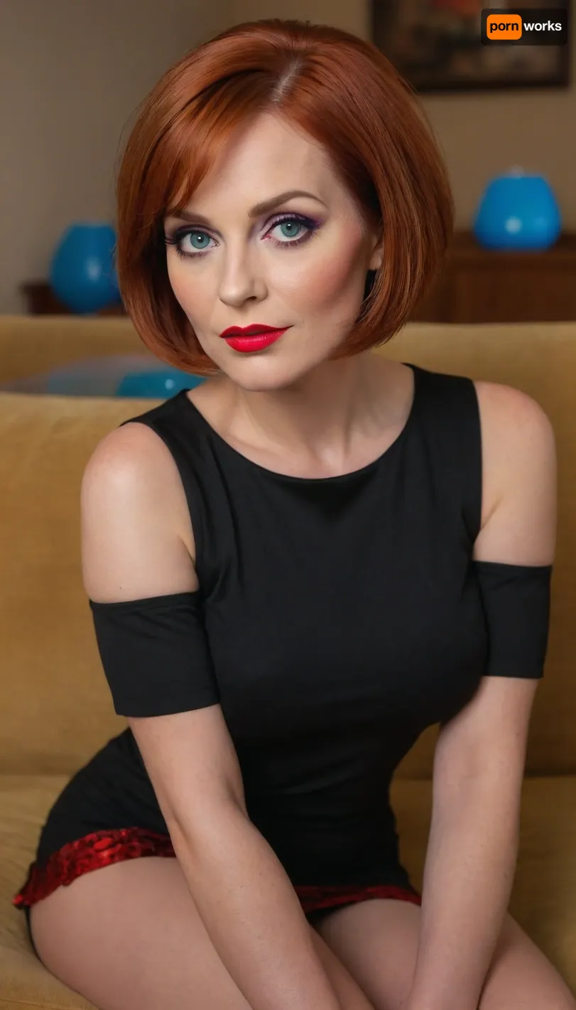 A RAW photo, close up, face focus, 1/2 body view, soviet mature woman, ((completely clothing)), (curvy body), ((auburn bob haircut)), 40 years old, perfect face, blue eyes, (bright makeup:1.5), red lipstick, sitting on sofa, microskirt, extremely, short, skirt, <lora:MicroSkirt_XL:.5>, <lora:FF-Latex.ID-XL-011.bf16:.8>