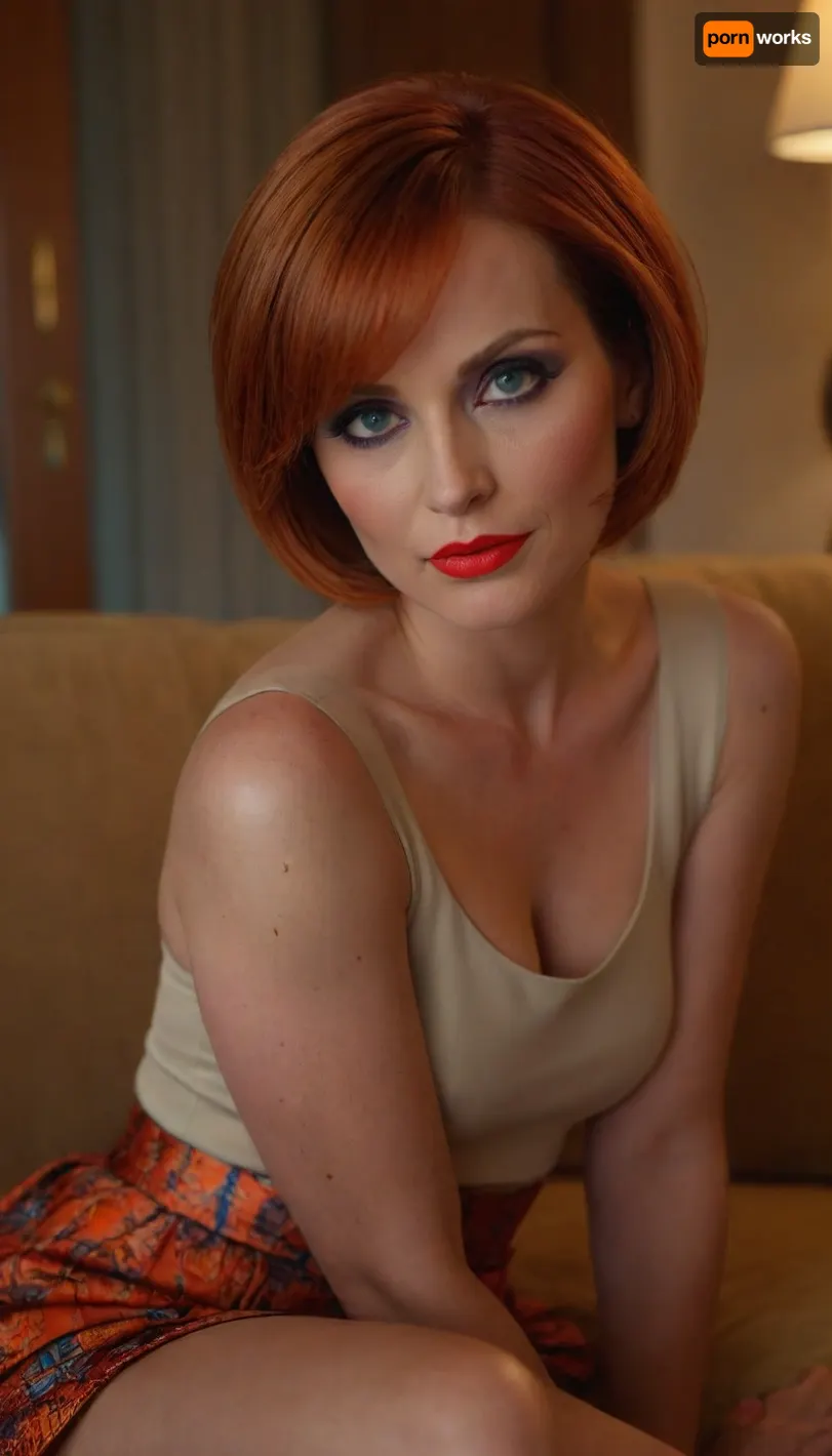 A RAW photo, close up, face focus, 1/2 body view, soviet mature woman, ((completely clothing)), (curvy body), ((auburn bob haircut)), 40 years old, perfect face, blue eyes, (bright makeup:1.5), red lipstick, sitting on sofa, microskirt, extremely, short, skirt, <lora:MicroSkirt_XL:.5>, fp1, <lora:FashionPhotographyXL:.8>