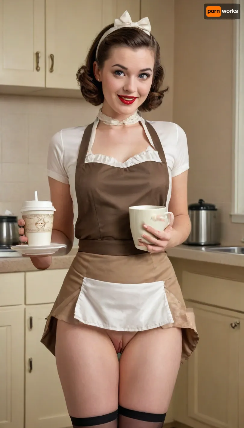 1950s pinup oil painting of a woman age 20s, wearing a Staebucks apron and stockings, pantyless upskirt, holding a cup of coffee, (front view), showing her bpussy, lifting her apron to show her pussy., upskirt, vagina, <lora:upskirt:.9>
