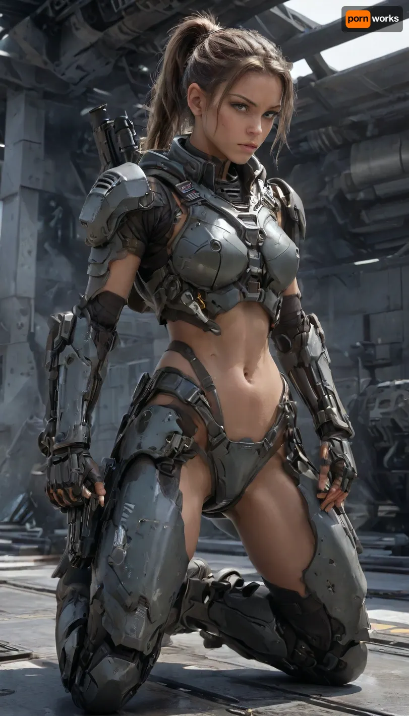 sexy deeply tanned, hair in a ponytail, realistic eyes, realistic oiled skin, uniform Starship Troopers futuristic combat harnesses, Bermuda, leg guard, elbow guard, gauntlet, gray hoodies, toplesse small armor camouflage gray.with a Futuristic AR rifle drawn, helm, hood, neotech, glowing, scifi, (nude breasts), 1girl, thigh_strap, o-ring, solo, small_breasts, wkas, (((Tactical gun pose on one knee))), <lora:NeoFuturisticTechXL:2>, <lora:wkas:2>, <lora:Mecha_Ggorgeous_Armor-000011:.4>, <lora:230394_training_data:.8>