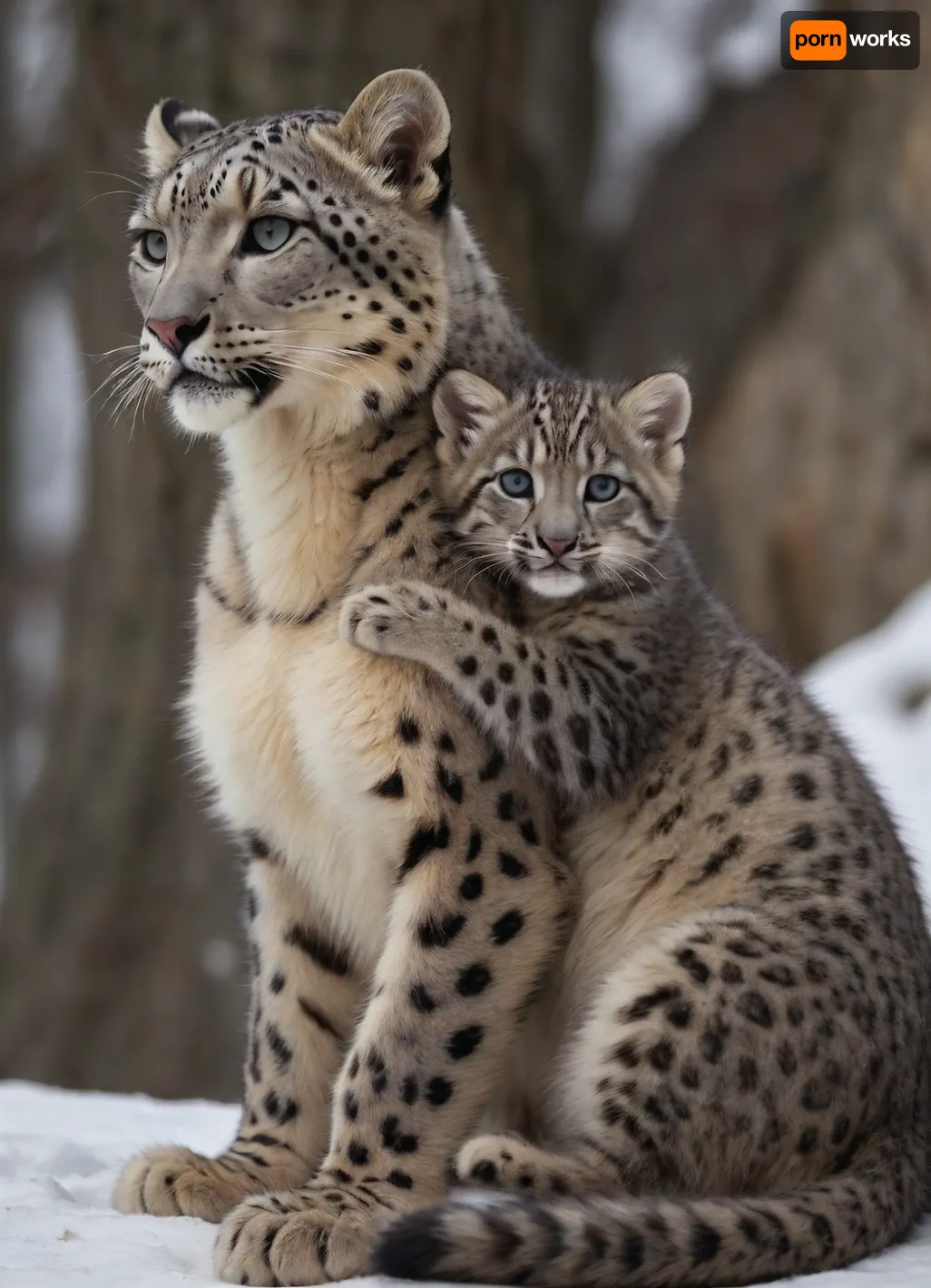 (snow leopard kitten sits on top on the back of a large female mother), playful look of a small snow leopard, which, ((put his paws around the neck of the female)), beautiful nature, accurate drawing.