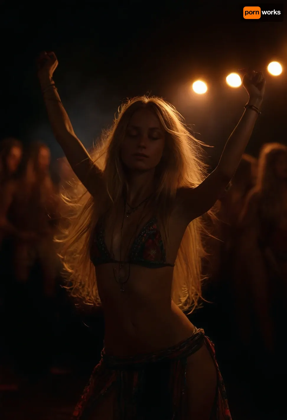 beautiful gorgeous glamourous sexy hippie woman, slender body, (flat-chested:1.6), athletic body, tanned skin, (perfect face), silent smile, eyes closed, (long straight blonde hair:1.4), (sexy hippie-outfit:1.4), (dances ecstatically and seductively at hippie festival at night:1), (hot moving hips, swinging arms up:1.5), millions of colorful magical bright glowing fireflies fly through the air, cloudy, smoke, atmospheric, clouds, fog, Goa, <lora:add-detail-xl:.7>, <lora:MJ52:.8>, <lora:Cloudy_Style:.6>, <lora:265214_training_data:1.2>, <lora:dark:.1>