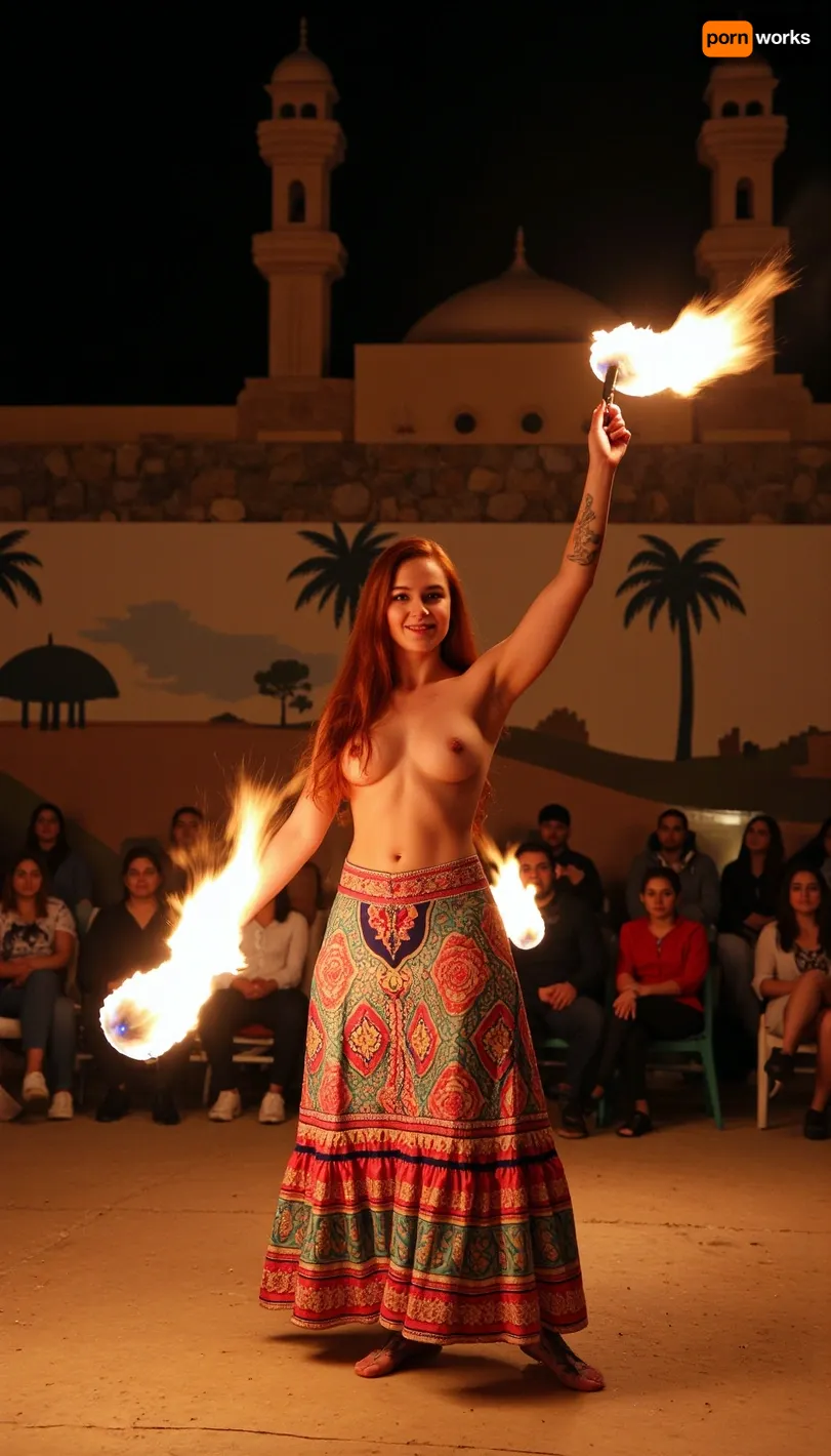 A beautiful, busty Palestinian woman, with fiery red hair cascading down her back, adorned in a vibrant traditional Palestinian dress that complements her olive skin. Her eyes are lined with kohl, sparkling with the flames reflected from the mesmerizing fire show she's about to perform. The dress, a rich tapestry of traditional embroidery, hugs her curvaceous figure and flares out at the bottom, allowing a glimpse of her intricately designed henna tattoos on her ankles and feet. She stands in the center of a dimly lit, open-air stage, surrounded by an audience whose faces are a mix of awe and anticipation. In her right hand, she holds a set of fire pois, which are already ablaze with a fiery dance of orange and red flames. Her left hand is poised in the air, holding a second set of flaming props ready to be brought into her routine. The stage is decorated with a backdrop of traditional Middle Eastern motifs and patterns, with the silhouettes of palm trees and minarets standing tall in the night sky. The flaming props cast dramatic shadows across her body, accentuating her curves and the intensity of her performance. As the woman takes a deep breath, she begins to spin the fire pois with graceful precision, her movements a captivating fusion of sensuality and power. The flames dance around her in a hypnotic rhythm, creating a fiery aura that illuminates the scene. Her smile is a beacon of confidence and passion as she completely immerses herself in the art of fire dancing, bringing alive the vibrant cultural spirit of Palestine.