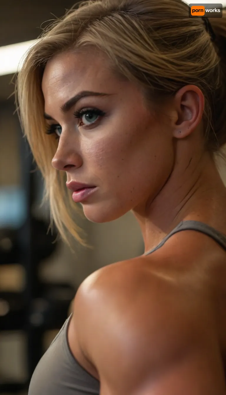 ziprealism, (inspirational snapshot esthetic, inspirational poster), (athletic woman, bodybuilder, expression of determination and focus, muscular shoulders:1.2), (f/2.8, shallow depth of field, layered composition, medium closeup shot, Dutch Angles, shot in profile:1.6), (creamy bokeh), (ash-blonde hair, thick voluminous hair, short cut hair, plunging bob cut, swept-back hairstyle:1.4), (catchlights, limbal rings, large expressive eyes), (strong jawline, angular features, large teardrop breasts), igbaddie, <lora:igbaddie-XL:.4>, <lora:style_lora_realis:.8>