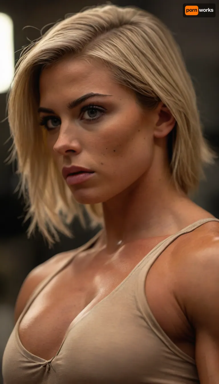 ziprealism, (inspirational snapshot esthetic, inspirational poster), (athletic woman, bodybuilder, expression of determination and focus, muscular shoulders:1.2), (f/2.8, shallow depth of field, layered composition, medium closeup shot, Dutch Angles, shot in profile:1.6), (creamy bokeh), (ash-blonde hair, thick voluminous hair, short cut hair, plunging bob cut, swept-back hairstyle:1.4), (catchlights, limbal rings, large expressive eyes), (strong jawline, angular features, large teardrop breasts), igbaddie, <lora:igbaddie-XL:.4>, <lora:style_lora_realis:.8>