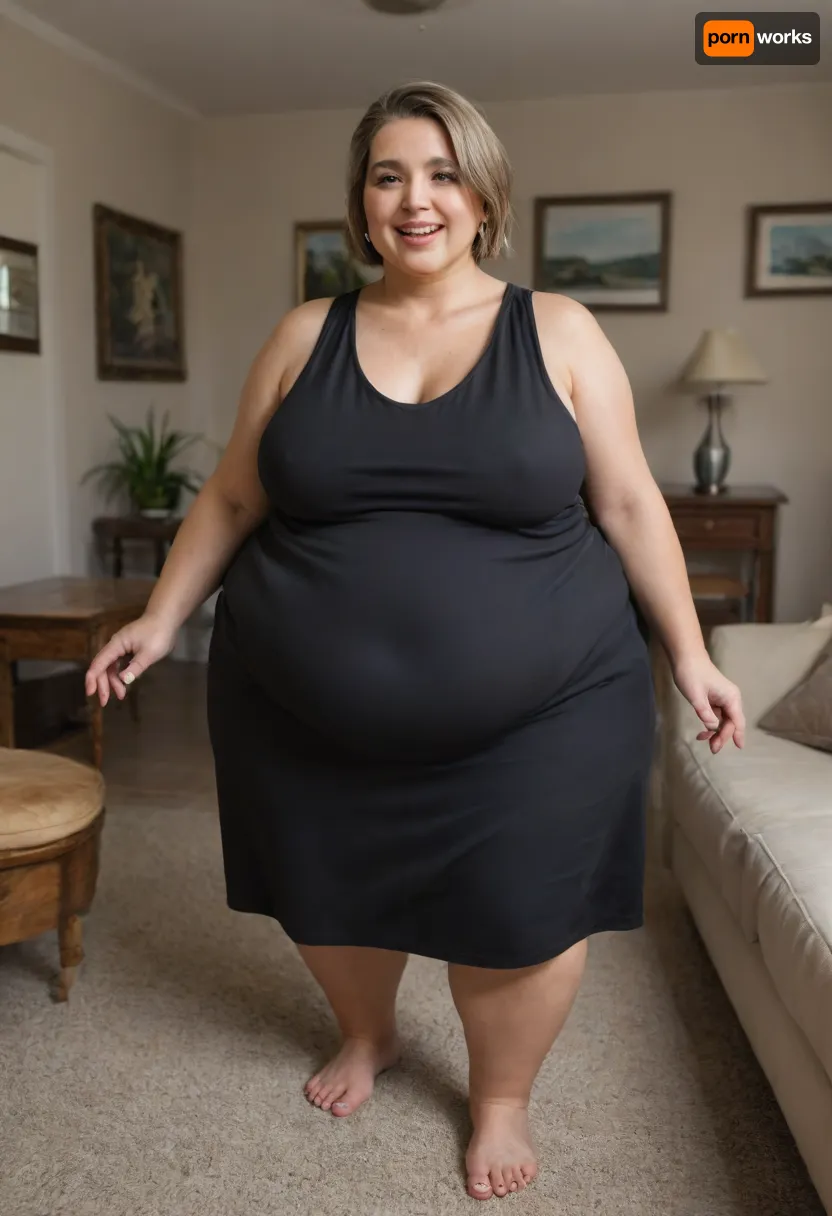 Lubica stepaunt, Mature fat bbw woman, (obese:1.5), 60 years old, married, Spanish, housewive, aunt, hot mom, milf, (light brown hair with highlights), ((detailed eyes)), saggy, hangers, (loose low-cut sleeveless black dress:1.4), living room, full body shot, depth of field, ((open mouth:1.2)), smiling, pretty teeth