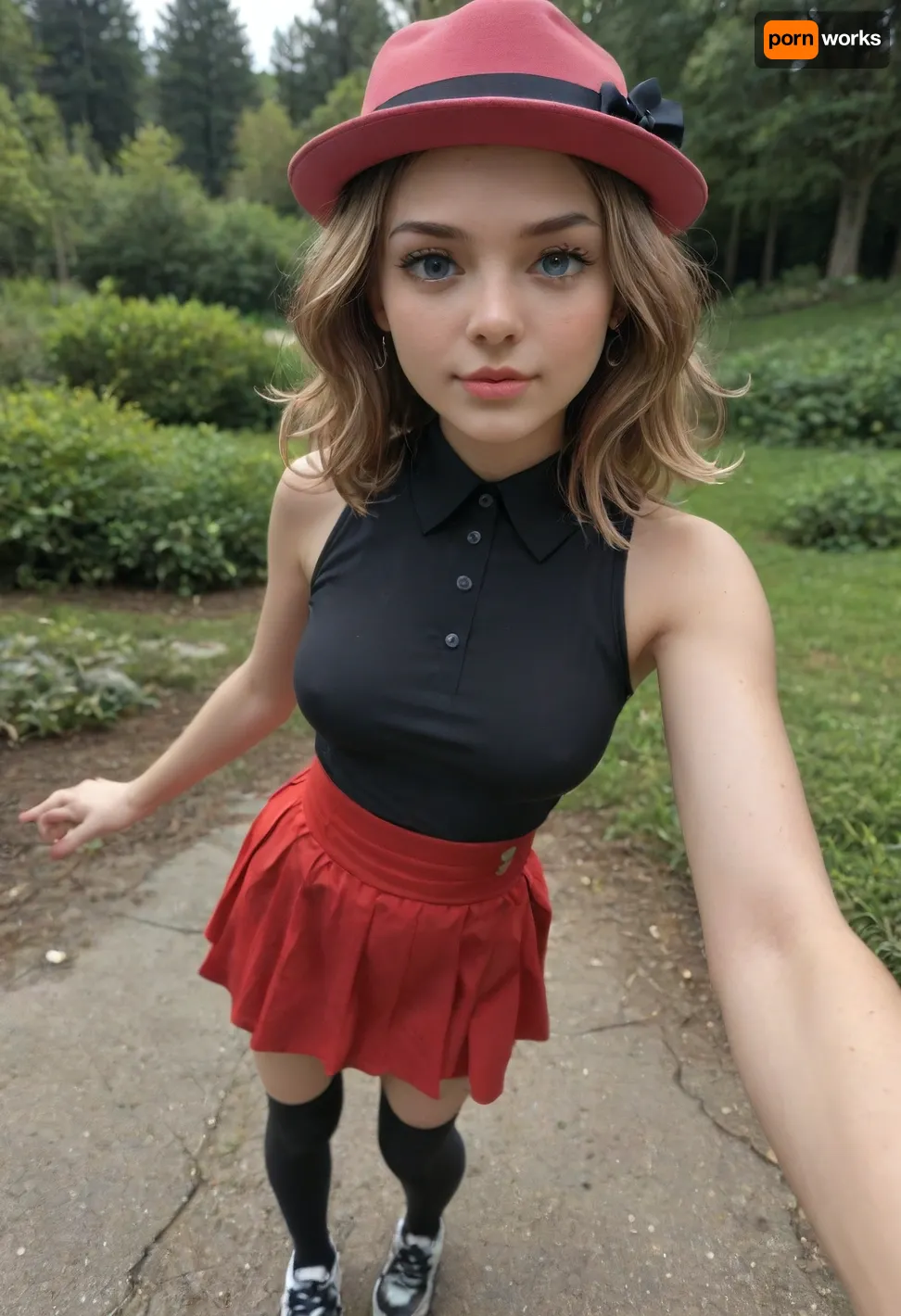 Serena from Pokemon, very cute, 18 years old, beautiful eyes, sweet and gentle, open gaze, tall girl, narrow shoulders, natural breast, sloped upturned perky breast buds, mini thin waist, pale skin, beautiful, attractive, natural beauty, young, skinny, slender, graceful girl, medium breasts, natural breasts, pink lips, a skinny girl, wasp waist, beautiful sexy skinny petite girl, serena outfit, pink hat, red skirt, black thighhighs, black shirt-sleeveless, black sneakers, white lapel, <lora:SDXL_Serena:1>, <lora:926087_training_data:1.5>, sexyselfie, <lora:sexyselfie:.8>