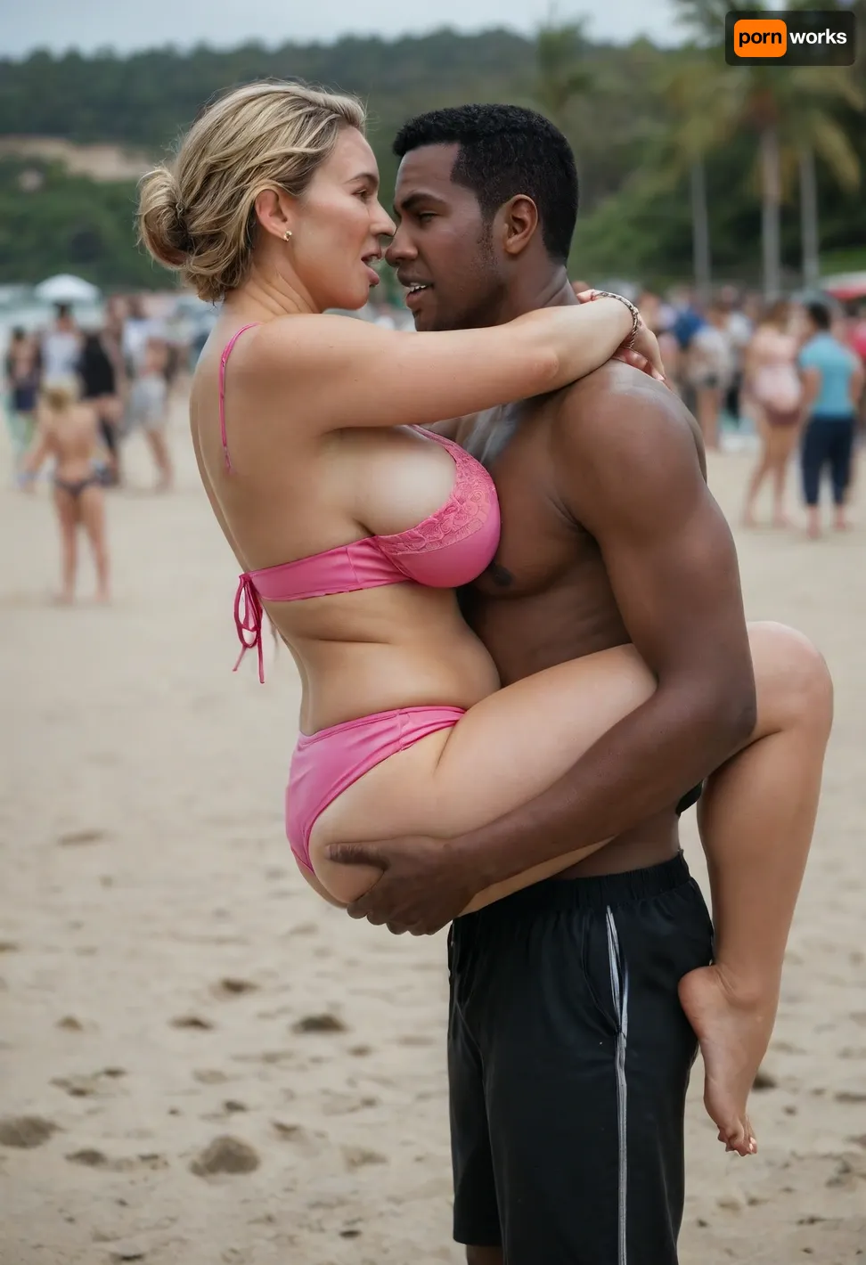 detailed photo, high quality, high resolution, Full-length photo, (an interracial couple, crowded beach, (huge black guy), a black guy carries a married woman, carries her on his back, a big black man carries, a woman on his back, (on his back:1.2), young milf, mature woman, married woman, blonde, straight hair, short hair, golden hair, detailed face, passionate face, excited face, arrogant face, high-quality eyes, beautiful brown eyes, a woman has a small nose, cheeks, plump cheeks, plump lips, white teeth, (The woman is shoked), the woman is screaming, a woman has large saggy breasts, hanging tits, large breasts, small tummy, tummy, medium-sized ass, round ass, plump legs, thick legs, a woman is slightly tanned, tanned skin, tanned face, woman wearing pink swimsuit, dark pink open swimsuit, dark pink underpants, dark pink bra, man, goes, man carries woman, (black young man, big black guy), (black guy:1.3), (muscular guy:1.2), huge guy, tall guy, strong arms, fit black hooligan, guy in black swim trunks, bare torso, (The big black man dragging a woman on his back), a black guy in short swim trunks), green, eyes, blue, brown, perfecteyes, african, israeli, english, arabic, chain, piercing, earring, blackandwhite, color, profile, jacket, shorts, tank, <lora:PerfectEyesXL:.9>, <lora:338632_training_data:.8>