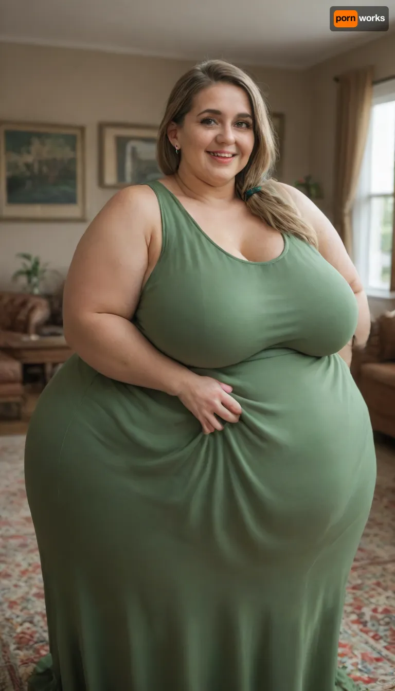 Lubica stepaunt, Mature fat bbw woman, (obese:1.5), 60 years old, married, Spanish, housewive, aunt, hot mom, milf, long hair, (light brown hair), ((big eyes)), saggy, hangers, (green tight low-cut sleeveless green dress:1.4), living room, depth of field, ((open mouth:1.2)), smiling, pretty teeth, pokies