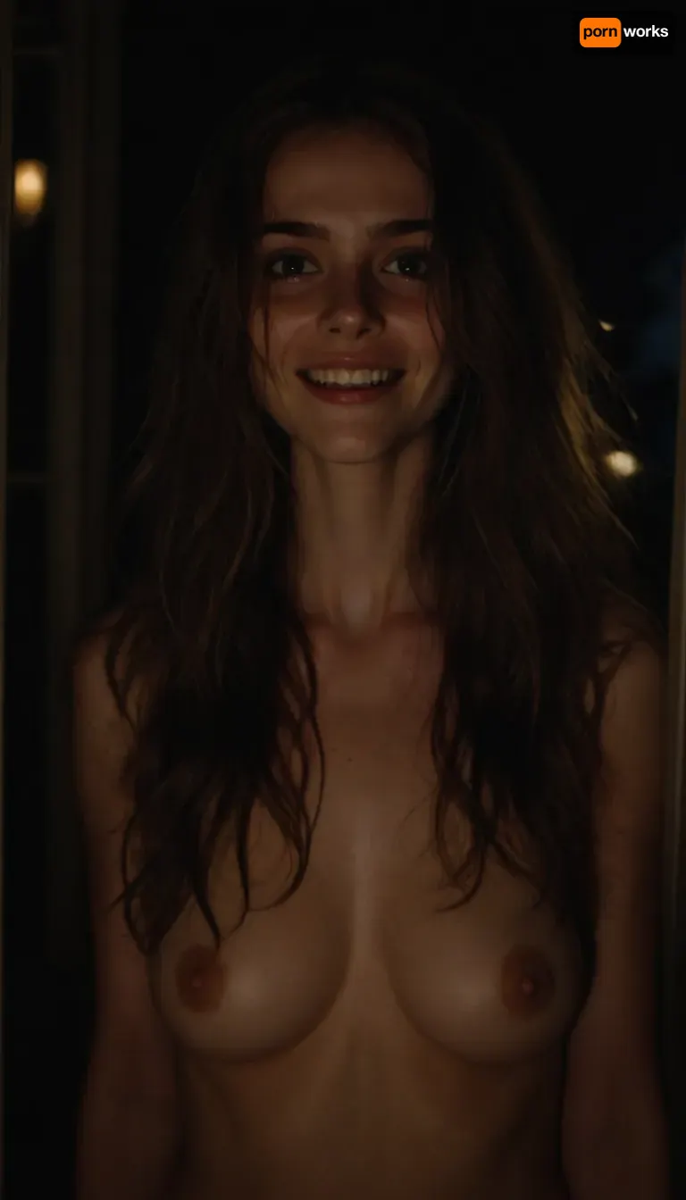 very dark focused flash photo, of found footage, of a creepy nude girl with long messy hair covered her face, medium breasts, grinning, staring from outside the window of a dark bedroom, at night with a dark forest in the background, hentai, <lora:sdxl_darkflash_v6-000060:.8>
