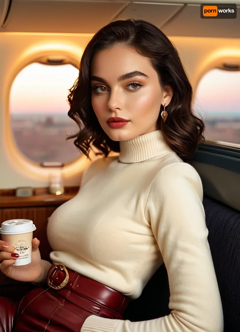 (masterpiece, best quality, photorealistic, HDR, ultra-detailed skin, cinematic lighting), 22-year-old Eastern European woman, voluptuous hourglass figure with, (very large full perky breasts:1.2), (ultra-narrow sculpted waist:1.2), (wide round hips and long toned legs:1.2), flawless luminous porcelain-fair skin with a soft natural glow, high sculpted cheekbones with delicate blush, refined petite nose with a graceful bridge, large vivid emerald-green eyes with thick ultra-long upward-curled black lashes, bold natural arched eyebrows, elegant beauty mark just below the left eye, glossy full heart-shaped lips in deep crimson lacquered lipstick, ultra-long straight jet-black hair with silky lustrous sheen cascading over her shoulders, slender feminine fingers with long glossy crimson nails, wearing a fitted cream cashmere turtleneck sweater and tailored high-waist dark navy trousers, matching belt with a small gold buckle, elegant diamond stud earrings, seated comfortably in an ultra-luxury first-class airplane suite with a wide cream leather lie-flat seat, high privacy walls, polished wood veneer panels, gold-accented fixtures, plush carpeting, personal minibar, and a large oval window revealing glowing sunset skies, holding a porcelain cup of coffee in her right hand, looking softly out the window with a thoughtful and serene expression, soft golden light illuminating her face, cinematic depth of field, rich warm tones, <lora:MJ52:1>, <lora:SDXLHighDetail_v6-000005:.8>, <lora:Microwaist_XL_v01:.8>
