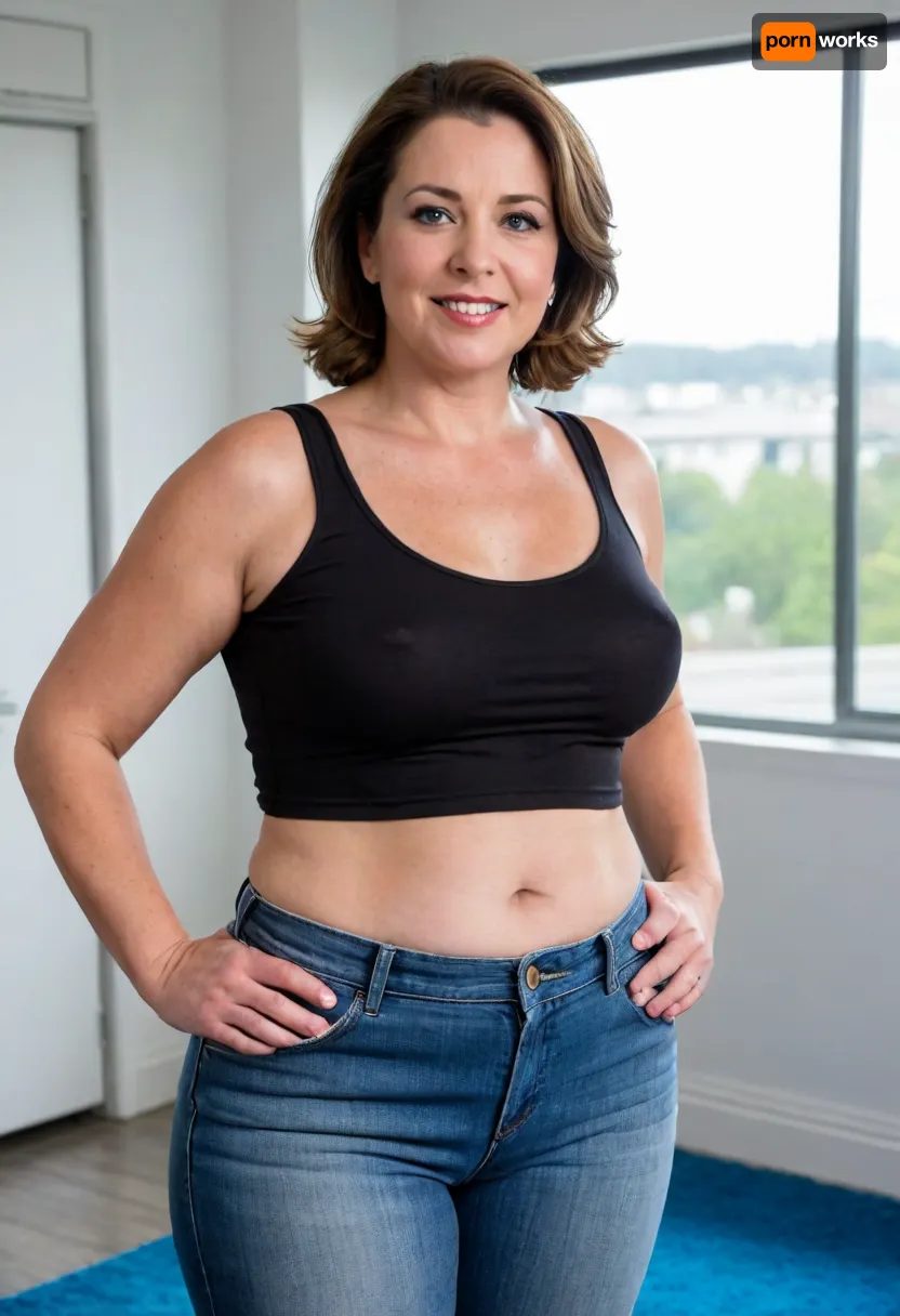 photography of a mature woman, named Lubica, (50 yo, pear shaped body type, obese, chubby, milf), (curvy), arriving at work, (small open space, blue carpet, white wall, wondow with a view on nature), . She has fair skin, straight, dark hair with highlights that falls past her shoulders, (gray strands in hair), and bright blue eyes. Her expression is warm and friendly, with a broad smile revealing her teeth. She is dressed in a black sleeveless blouse made of a smooth, slightly shiny fabric, (braless, hard nipples, medium sized breasts), fupa, huge hips, thick thighs. The black blouse is tight and slightly unbuttoned, giving it a slutty appearance, wearing tight highwaist blue jeans that covers her legs. clothes, braless, Wearing, that, make, sense, with, Braless>, <lora:bralessSDXL_v1_00022:.5>
