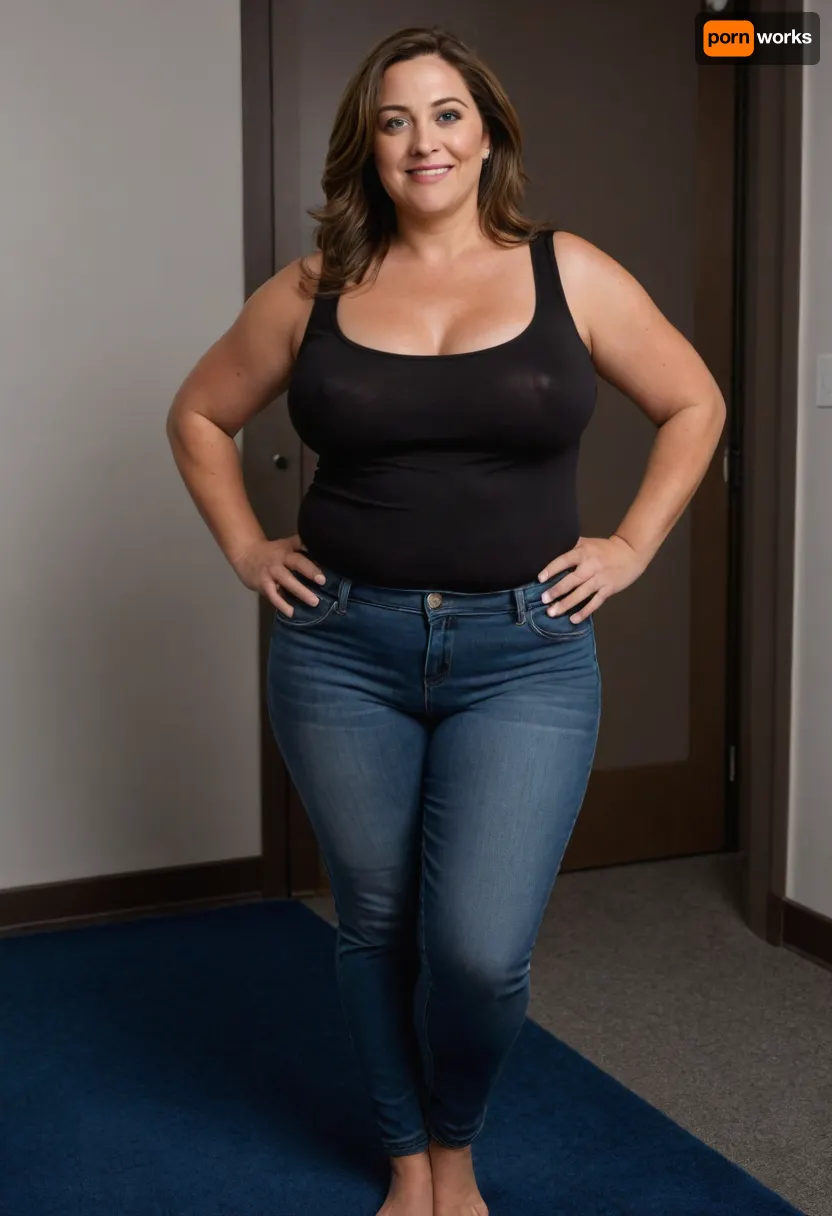 photography of a mature woman, named Lubica, (50 yo, pear shaped body type, obese, chubby, milf), (curvy:1.3), arriving at work, (small open space, blue carpet, white wall, wondow with a view), . She has tan skin, straight, dark hair with highlights that falls past her shoulders, (gray strands in hair), and bright blue eyes. Her expression is warm and friendly, with a broad smile revealing her teeth. She is dressed in a tight black sleeveless blouse made of a smooth, slightly shiny fabric, (braless, hard nipples, sagging large sized breasts), fupa, huge hips, thick thighs. The black blouse is tight and lowcut, giving it a slutty appearance, wearing tight highwaist blue jeans that covers her legs. clothes, braless, Wearing, that, make, sense, with, Braless>, <lora:bralessSDXL_v1_00022:.5>