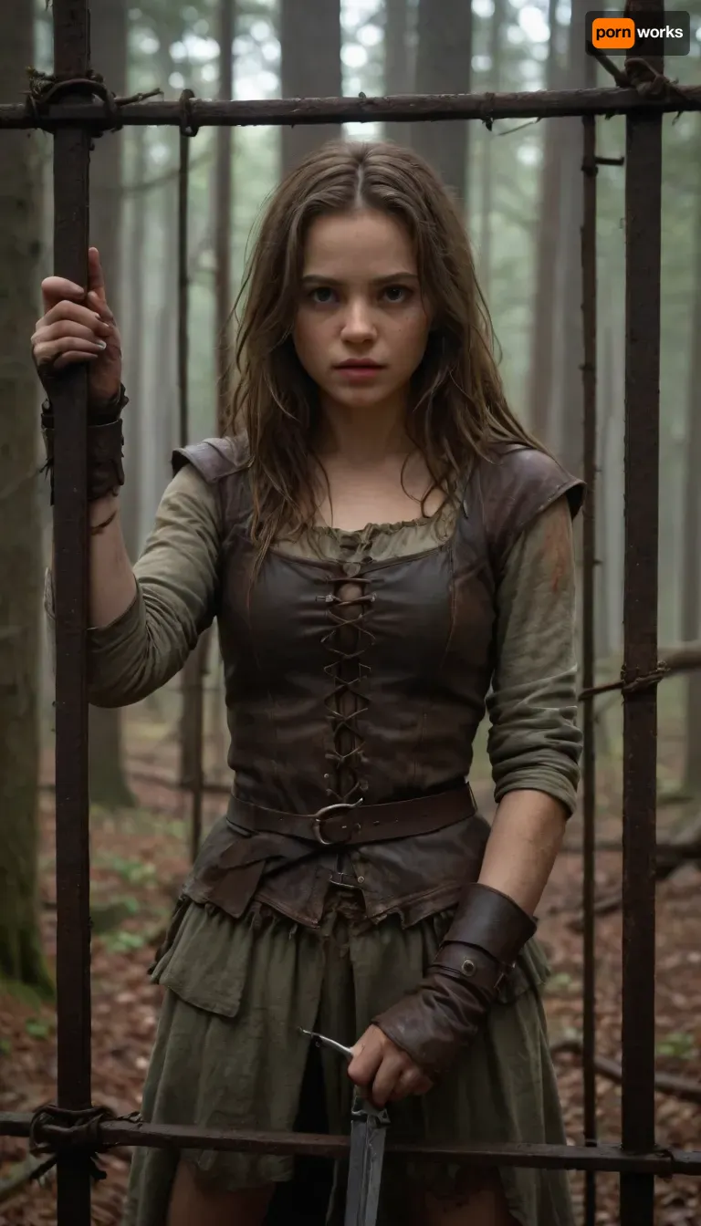** Description for the image generator, ** A girl in a tattered medieval tunic of coarse linen, with frayed edges and traces of dirt, stands in an iron cage that resembles an animal enclosure. Her hair is disheveled, her eyes are fearfully defiant, and her fingers are gripping the bars as if she's trying to defend herself. The cage is surrounded by a misty forest thicket, rusty spikes on the bars and shadows from the branches add to the sense of confinement. There are two hunters around, men in worn leather armor, daggers on their belts and crossbows on their backs. Their postures are aggressive — one is leaning toward the cage, grinning, his hand reaching for the lock, the other is half-turned, eyeing the captive with carnivorous interest. The hunters ' faces are a mixture of cruelty and lustful curiosity, narrowed eyes, stiff neck muscles, greasy grins. **Details to draw, **, **Textures, ** focus on the frayed fabric of the tunic, the gleam of the metal of the cage, the roughness of the tree bark in the background., **Lighting, ** the dim moonlight filtering through the fog creates sharp shadows on the hunters ' faces and glare on their weapons., **Emotions, ** fear and resistance in the girl's eyes, contrasting with the predatory passion of men., **Environment details, ** moss on the ground, broken branches underfoot, cobwebs in the corners of the cage. — * * Colors, ** a muted palette, (gray-green tones of the forest, dark brown leather of armor), with an emphasis on the pallor of the girl's skin and bloody reflections on metal. — * * Composition, ** a bottom view that highlights the threatening position of the hunters, a light haze for an atmosphere of alarm. **Technical instructions, ** Use ultra-detailed rendering for the characters ' faces and hands, 8K texture resolution for rendering small elements, (such as scratches on bars), and dynamic lighting with soft shadows. Add a motion blur to the background to focus your attention on the cell. * Restriction, The description does not contain explicit scenes of violence, but implies a tense atmosphere.*, fantasy, scaled, humanoid, 4ng3l, face, <lora:add-detail-xl:.5>, <lora:SDXL_BetterFaces-LoRA_v1:.5>