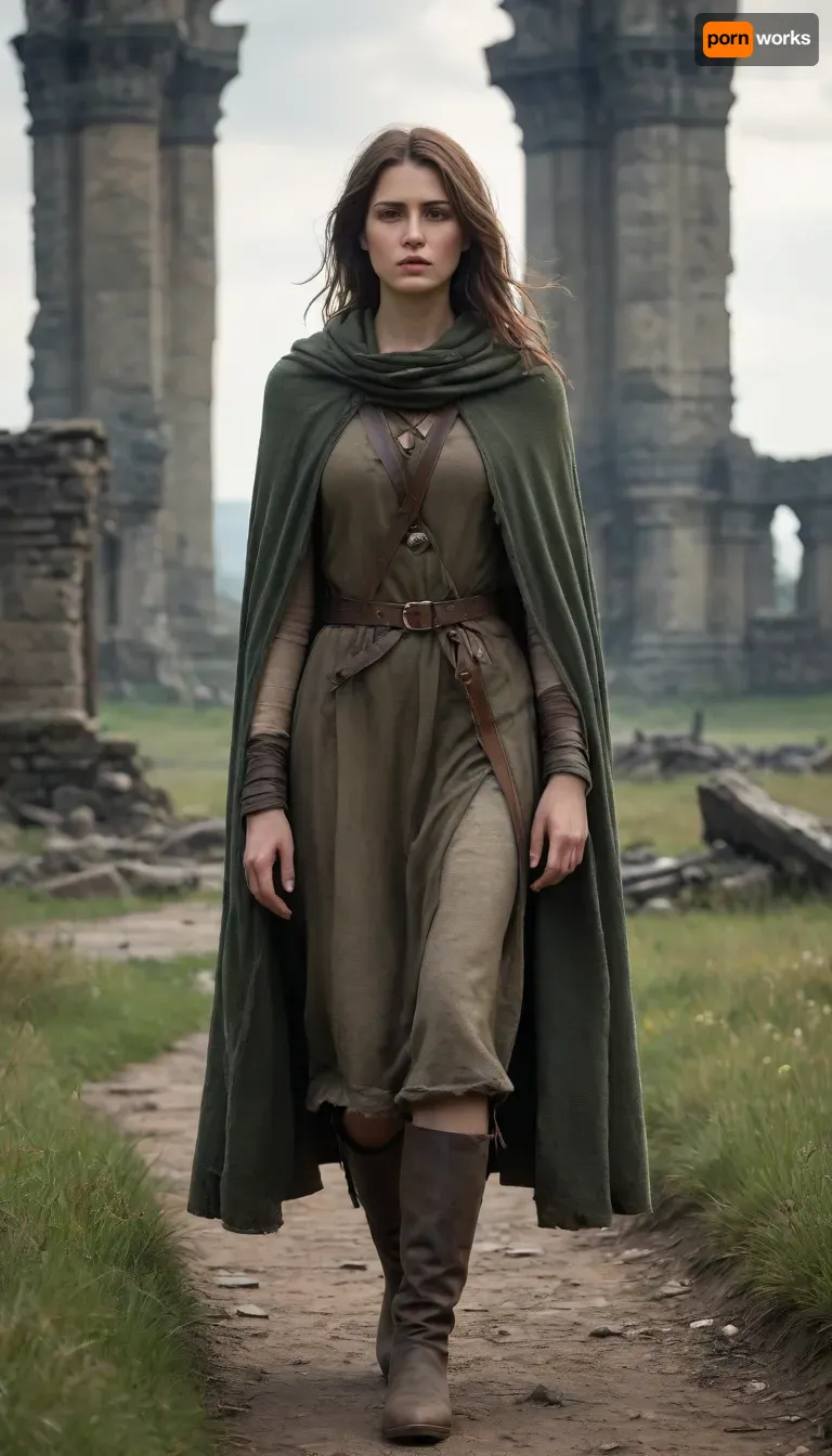 `Post-apocalyptic scene with nature reclaiming medieval ruins, ivy-covered stone castles, collapsed wooden watchtowers, overgrown cobblestone paths, and distant remnants of a shattered city with crumbling cathedrals. A weary woman in ragged, dirt-streaked clothing—patched woolen tunic, frayed cloak with a corroded clasp, scuffed leather boots—walks through a field of wild grass, her garments torn and stained with grime. She carries a dented copper flask, her face smudged with ash, sunlight filtering through haze to highlight the decayed landscape. 8k resolution, hyperrealistic textures, (weathered stone, matted fabric, oxidized metal), cinematic HDR lighting blending muted browns and gray-green tones, anti-aliasing, depth of field focusing on her figure against the ruins, ray-traced mist, lossless PNG format.`