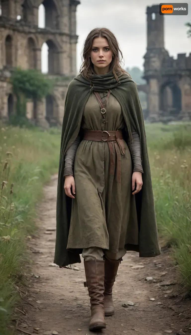 `Post-apocalyptic scene with nature reclaiming medieval ruins, ivy-covered stone castles, collapsed wooden watchtowers, overgrown cobblestone paths, and distant remnants of a shattered city with crumbling cathedrals. A weary woman in ragged, dirt-streaked clothing—patched woolen tunic, frayed cloak with a corroded clasp, scuffed leather boots—walks through a field of wild grass, her garments torn and stained with grime. She carries a dented copper flask, her face smudged with ash, sunlight filtering through haze to highlight the decayed landscape. 8k resolution, hyperrealistic textures, (weathered stone, matted fabric, oxidized metal), cinematic HDR lighting blending muted browns and gray-green tones, anti-aliasing, depth of field focusing on her figure against the ruins, ray-traced mist, lossless PNG format.`