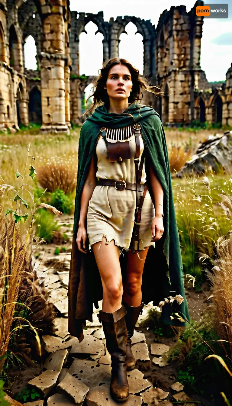 `Post-apocalyptic scene with nature reclaiming medieval ruins, ivy-covered stone castles, collapsed wooden watchtowers, overgrown cobblestone paths, and distant remnants of a shattered city with crumbling cathedrals. A weary woman in ragged, dirt-streaked clothing—patched woolen tunic, frayed cloak with a corroded clasp, scuffed leather boots—walks through a field of wild grass, her garments torn and stained with grime. She carries a dented copper flask, her face smudged with ash, sunlight filtering through haze to highlight the decayed landscape. 8k resolution, hyperrealistic textures, (weathered stone, matted fabric, oxidized metal), cinematic HDR lighting blending muted browns and gray-green tones, anti-aliasing, depth of field focusing on her figure against the ruins, ray-traced mist, lossless PNG format.`