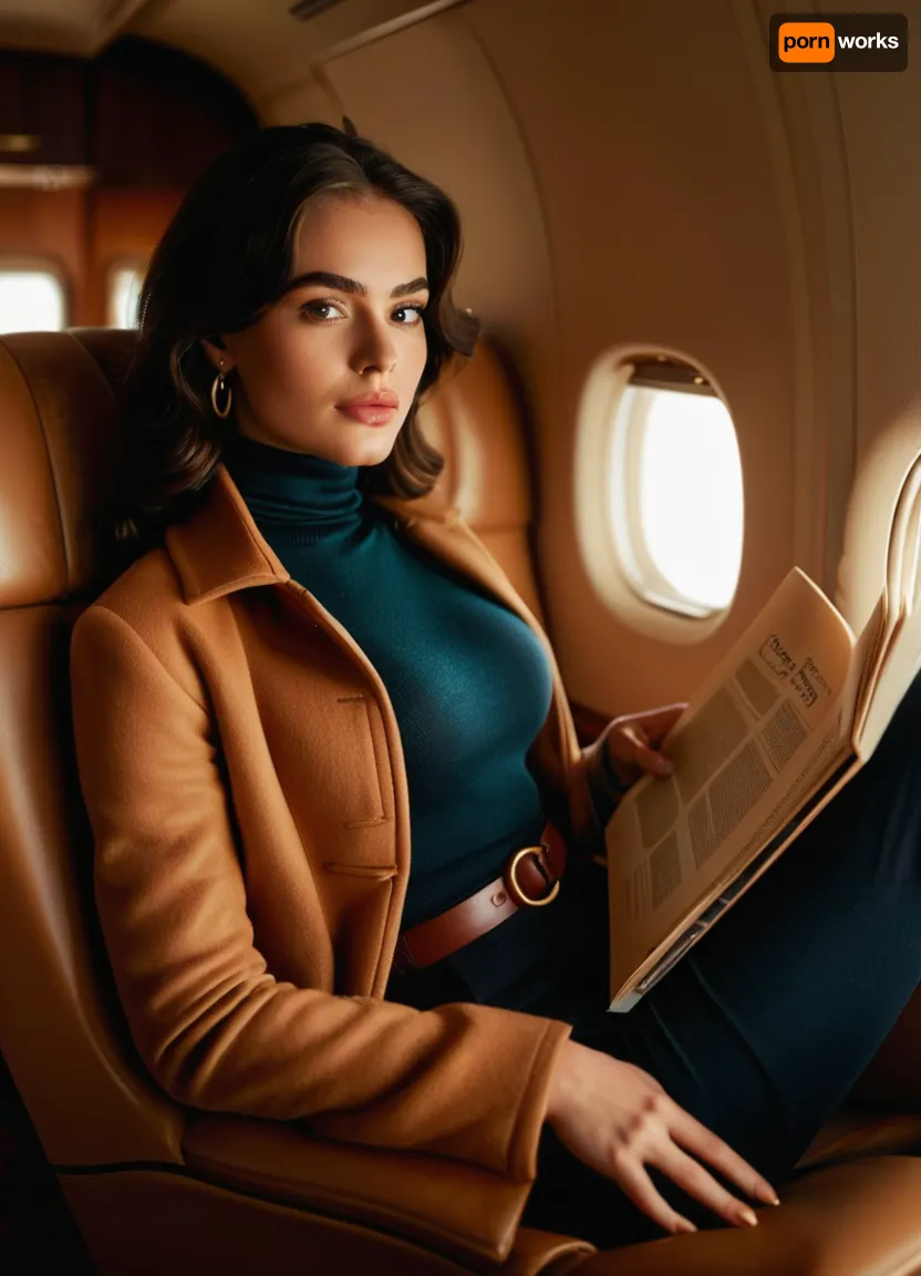 (masterpiece, best quality, photorealistic, HDR, ultra-detailed skin, cinematic lighting), 22-year-old Eastern European woman, voluptuous hourglass figure with, (large full natural breasts:1.1), (narrow sculpted waist:1.1), (round hips and long toned legs:1.1), flawless luminous porcelain-fair skin, high sculpted cheekbones with soft blush, refined petite nose, large vivid emerald-green eyes with thick upward-curled black lashes, bold natural arched eyebrows, elegant beauty mark just below the left eye, glossy full heart-shaped lips in soft rose lipstick, ultra-long straight jet-black hair smooth and shiny, slender feminine fingers with natural manicured nails, dressed in a luxurious fitted navy-blue wool turtleneck sweater, tailored cream trousers, a long belted camel-colored cashmere coat, polished brown leather ankle boots, delicate gold hoop earrings, seated gracefully in an ultra-luxury first-class airplane suite with wide cream leather lie-flat seat, high privacy walls, polished wood veneer panels, gold-accented fixtures, plush carpeting, and a large oval window with bright daylight sky, holding a hardcover book in her hands, warm natural cabin lighting highlighting her calm and poised expression, cinematic depth of field, <lora:MJ52:1>, <lora:SDXLHighDetail_v6-000005:.8>, <lora:Microwaist_XL_v01:.8>