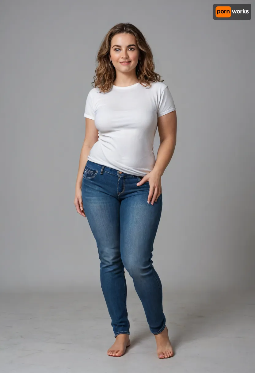 Create an image of a stunning obese 45-year-old woman with a curvy, well-maintained physique, capturing her full body from head to knees. She embodies grace and beauty, reflecting both confidence and vitality.

Her hair is styled in elegant, soft waves that cascade down her back, rich and glossy with a natural light brown and subtle highlights for depth. Long hair. Her face is beautifully sculpted with high cheekbones, a gentle, radiant smile, and smooth, glowing skin. Her expressive, captivating eyes are a deep warm color, framed by well-groomed eyebrows and subtle, tasteful makeup.

Her neck is graceful, transitioning seamlessly into her well-defined, relaxed shoulders. Her bust is full, saggy and natural, approximately 36D, with a very saggy appearance that reflects her age and body type, portrayed tastefully to emphasize confidence and natural beauty. Her waist is well-defined, with a smooth, gently curving contour enhancing her hourglass figure. She has huge hips, and a FUPA, plump waist. Her hips are very wide. Her thighs are curvaceous and thick, and she has a slightly larger, well-rounded butt that is prominent and complements her curvy silhouette. Her legs are toned and shapely, athletic appearance, finishing in well-proportioned, graceful feet.

She is dressed in a casual, stylish fitted white T-shirt. T-shirt is a solid white, with soft fabric that highlights her figure. She is wearing tight highwaist blue jeans, The image should capture her confident stance, natural beauty, and curvy figure.