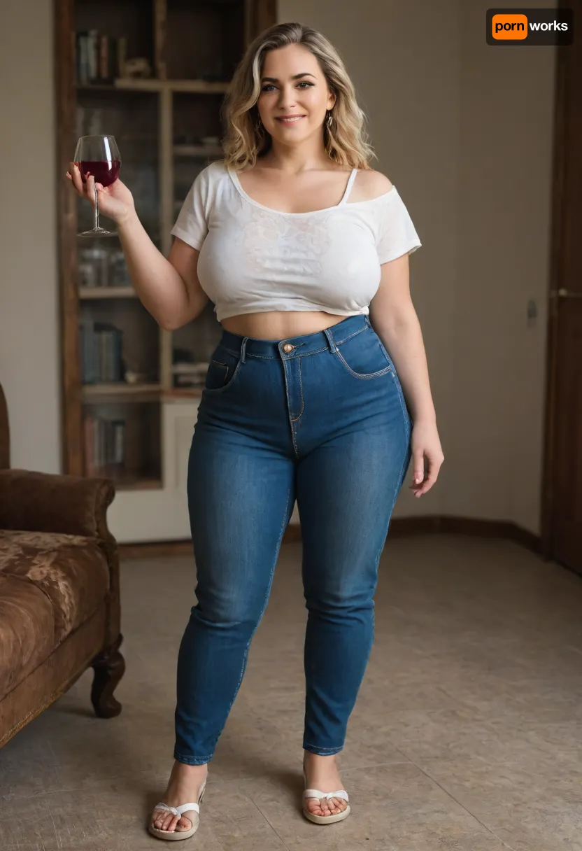 Create an image of a stunning obese 45-year-old woman with a curvy, well-maintained physique, capturing her full body from head to knees. She embodies grace and beauty, reflecting both confidence and vitality.

Her hair is styled in elegant, soft waves that cascade down her back, rich and glossy with a natural color and subtle highlights for depth. Her face is beautifully sculpted with high cheekbones, a gentle, radiant smile, and smooth, glowing skin. Her expressive, captivating eyes are a deep warm color, framed by well-groomed eyebrows and subtle, tasteful makeup.

Her neck is graceful, transitioning seamlessly into her well-defined, relaxed shoulders. Her bust is full and natural, approximately 36D, with a very saggy appearance that reflects her age and body type, portrayed tastefully to emphasize confidence and natural beauty. Her waist is well-defined, with a smooth, gently curving contour enhancing her hourglass figure. She has large hips. Her hips are very wide. Her thighs are curvaceous and thick, and she has a slightly larger, well-rounded butt that is prominent and complements her curvy silhouette. Her legs are toned and shapely, athletic appearance, finishing in well-proportioned, graceful feet.

She is dressed in a casual, stylish fitted white T-shirt. T-shirt is a solid, with soft fabric that highlights her figure. She is wearing tight highwaist blue jeans, She is holding a glass of wine in one hand, enjoying a moment of relaxation with a serene and content demeanor. The image should capture her confident stance, natural beauty, and the tranquil moment of savoring her wine, in a living room